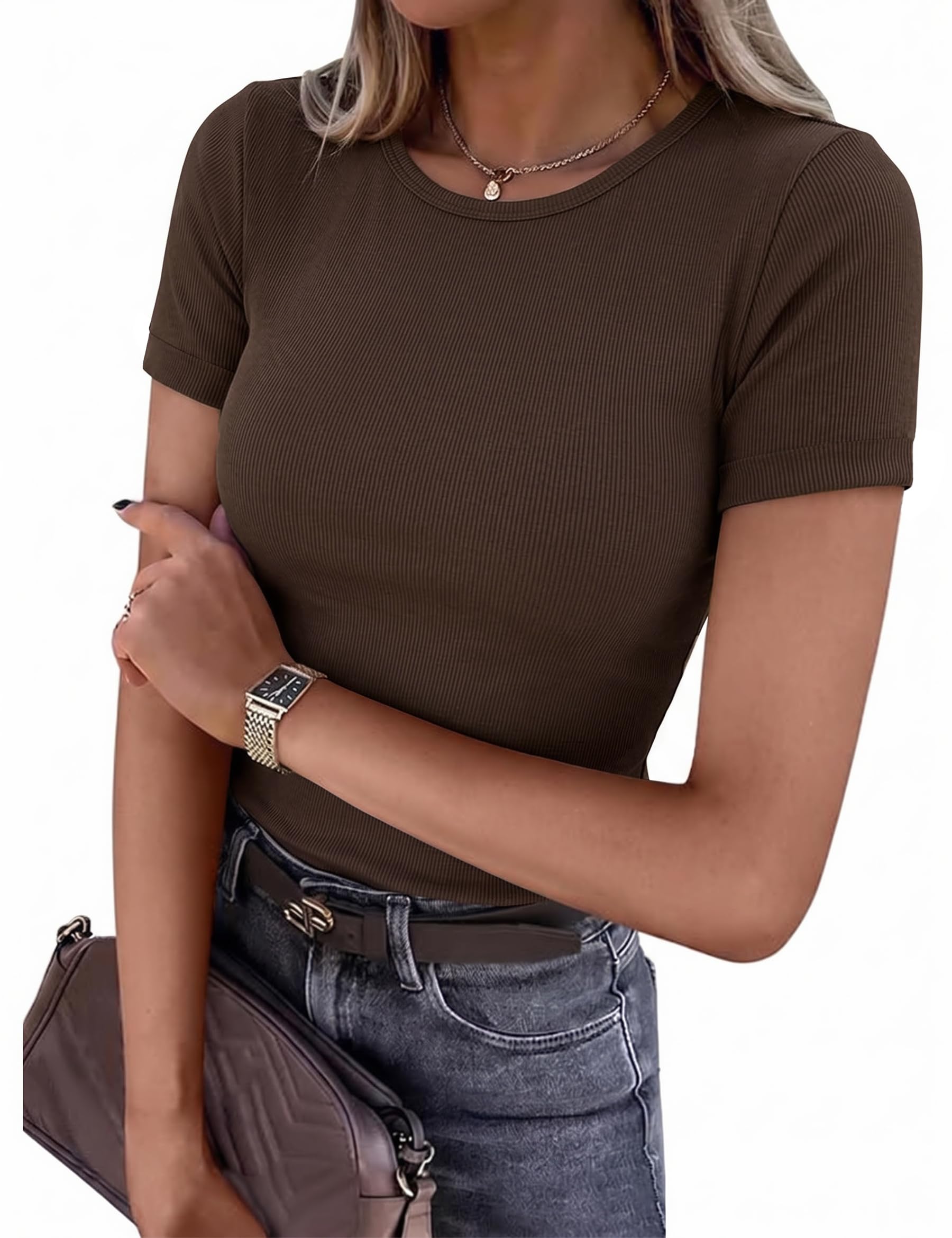 Demegimi Damen Sommer T-Shirt Slim Fit Rundhals Geripptes Basic Shirt Figurbetont aus Viskose Kurzarm Oberteil für Büro Freizeit