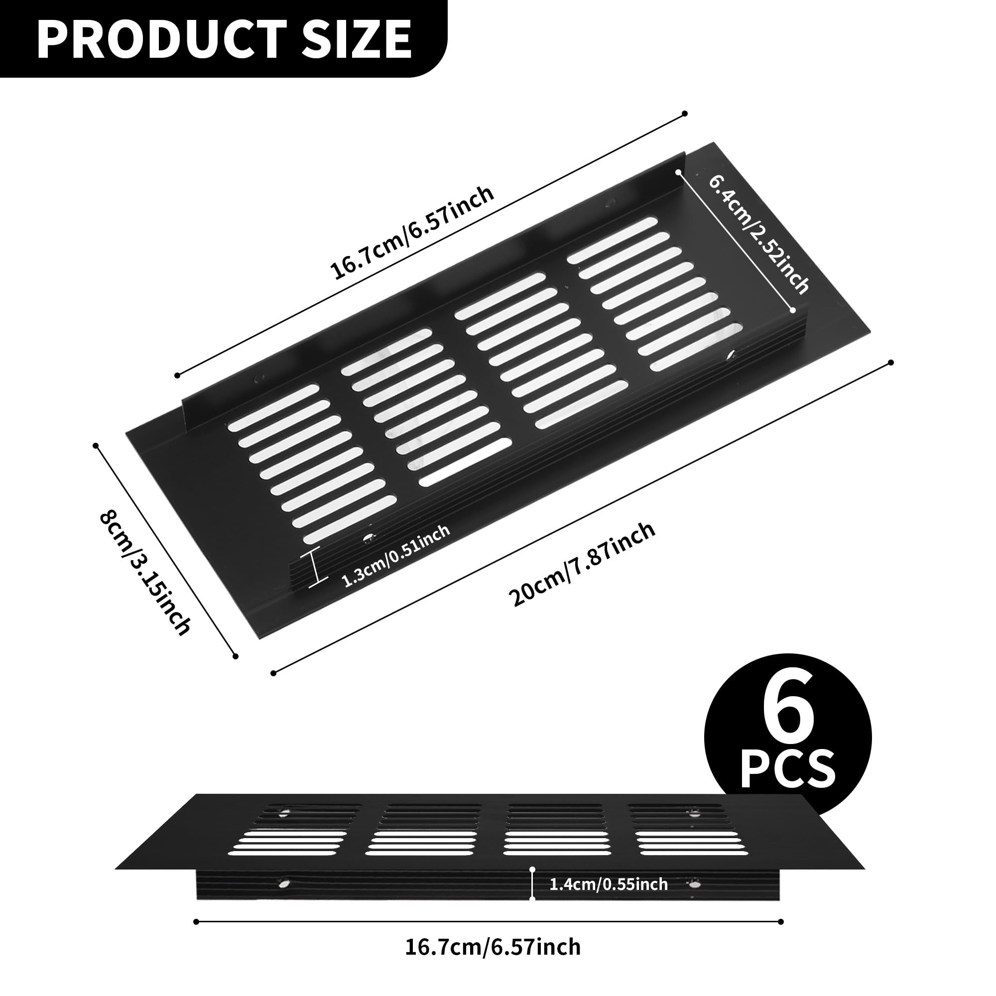 Aramanara 6 Pcs 8 x 3 Inch Door Air Vents Grille Cover, Black Square Ventilation Grille - Image 2