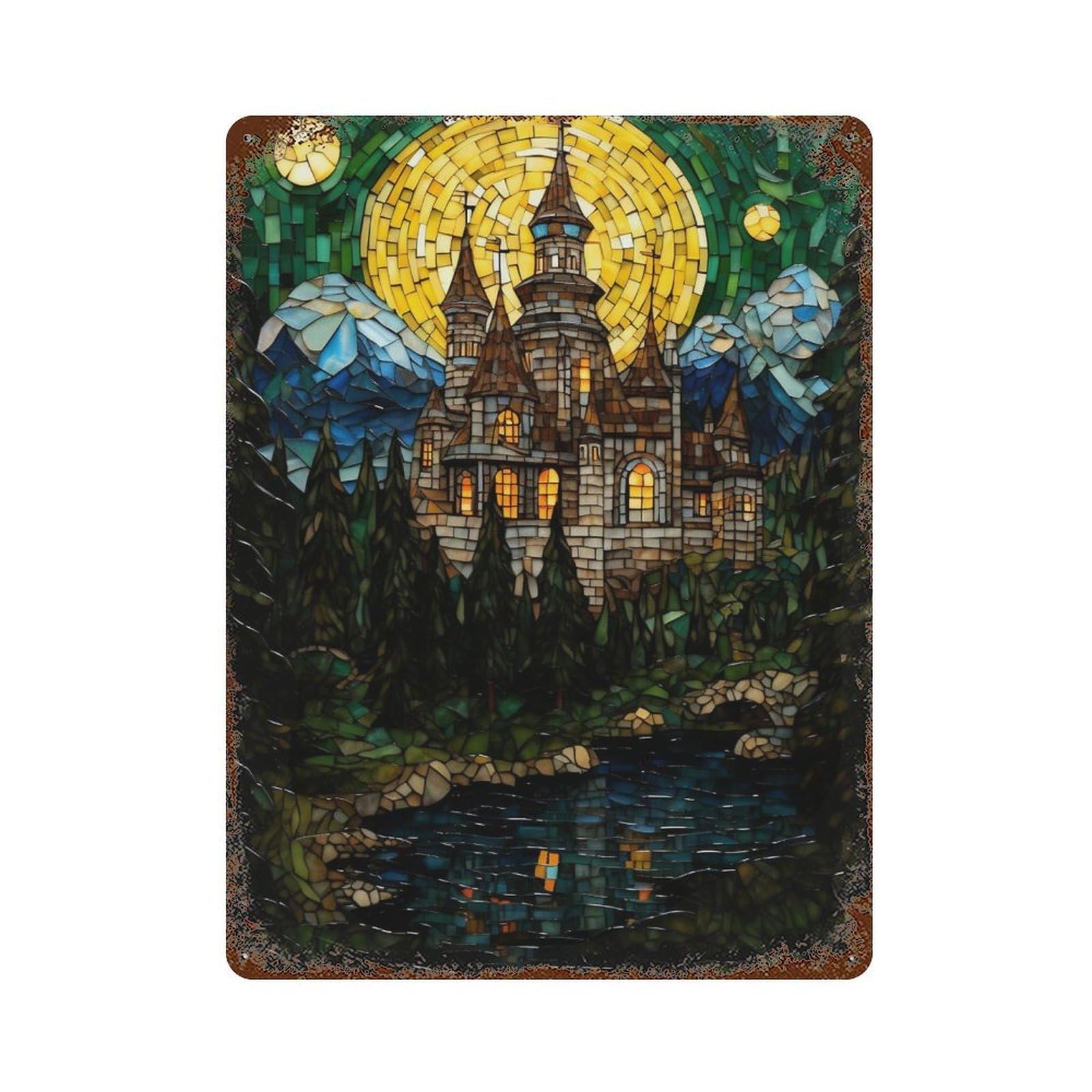 Stained Glass Castle Scene-1 Aged Metal Wall Plaque 15.7"x11.8", Ideal for Patio, Garden Room And Bar Decor