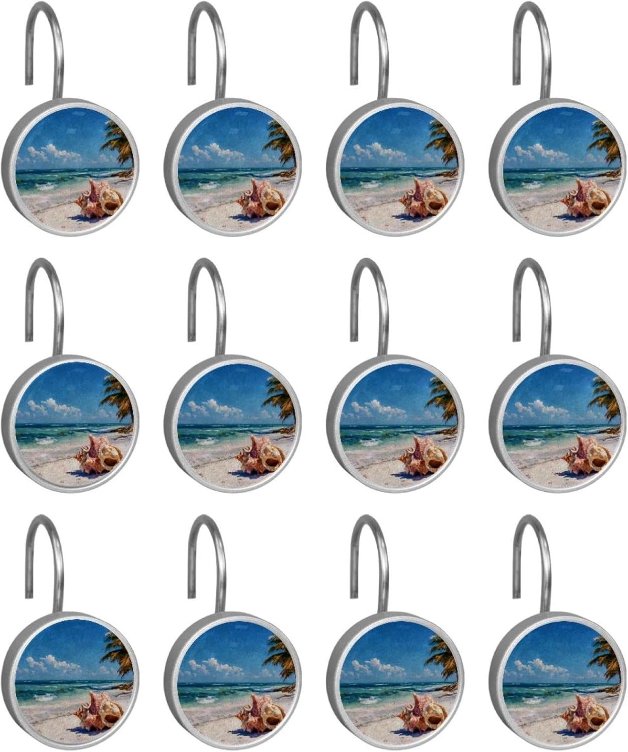 12PCS Conch Beach Seaside (2) Shower Curtain Hooks Metal Rust Resistant Decorative Shower Curtain Hooks Bathroom Decorations