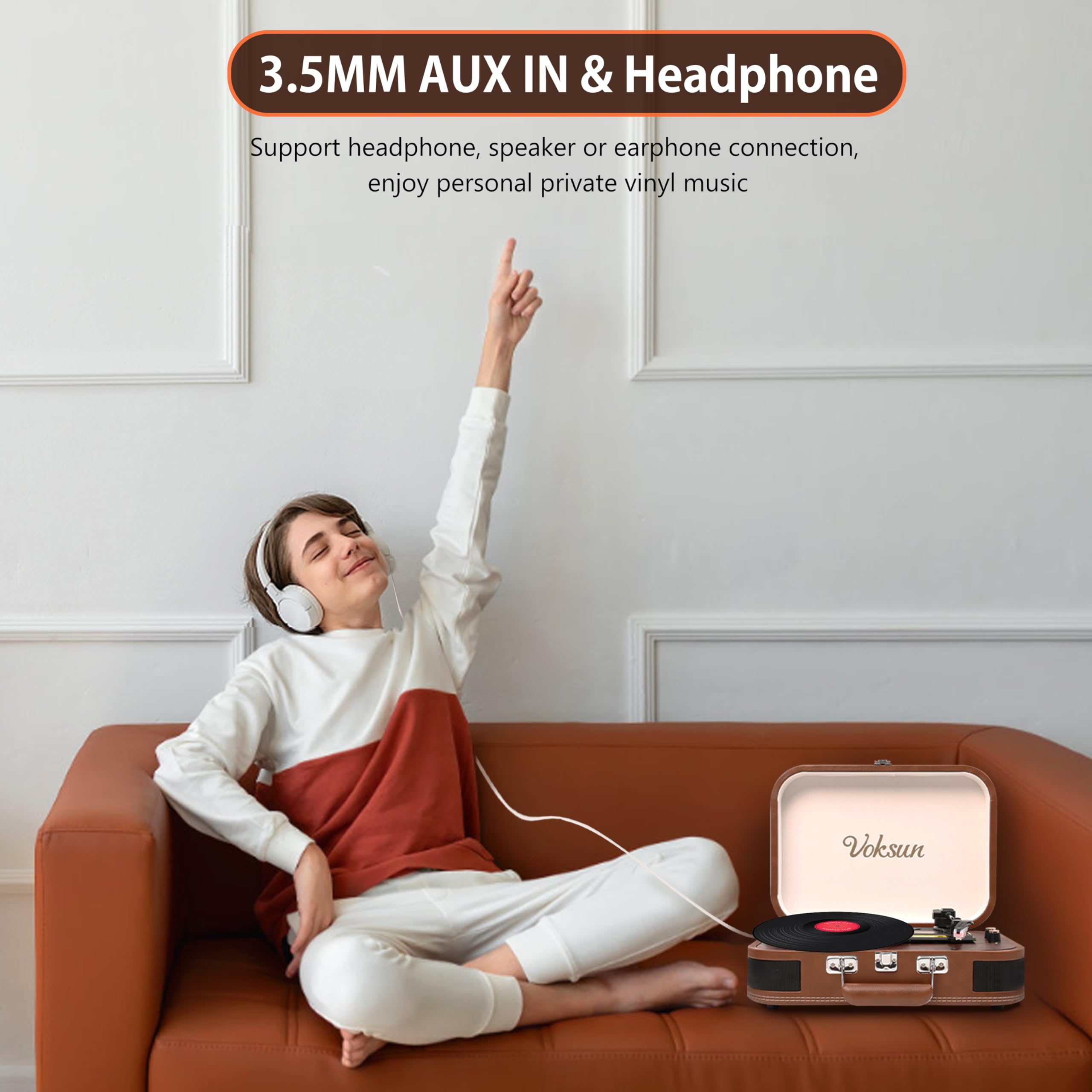 Giradischi Vinile, VOKSUN Giradischi Portatile Vintage con Altoparlanti Incorporati, Bluetooth In/Out Lettore LP Vinile 3 Velocità, Valigia USB, In AUX, Linea RCA, Jack Cuffie, Auto-Stop (Marrone)