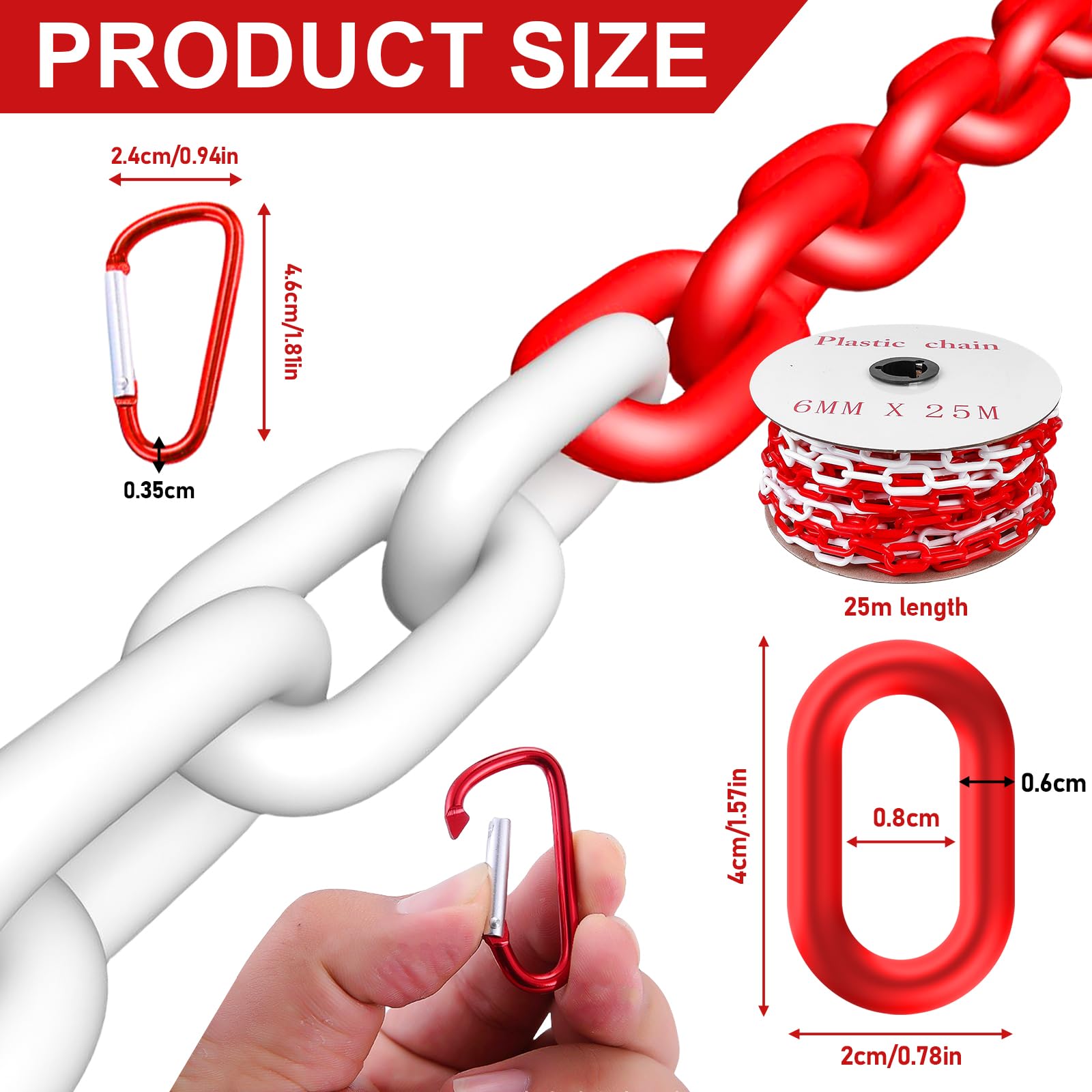 BAIFULAI Catena di sbarramento 25m, catena di sbarramento 6mm rosso/bianco in plastica con 6 moschettoni, catena di plastica/catena di avviso, catena di sicurezza per cantiere, catena a maglie per