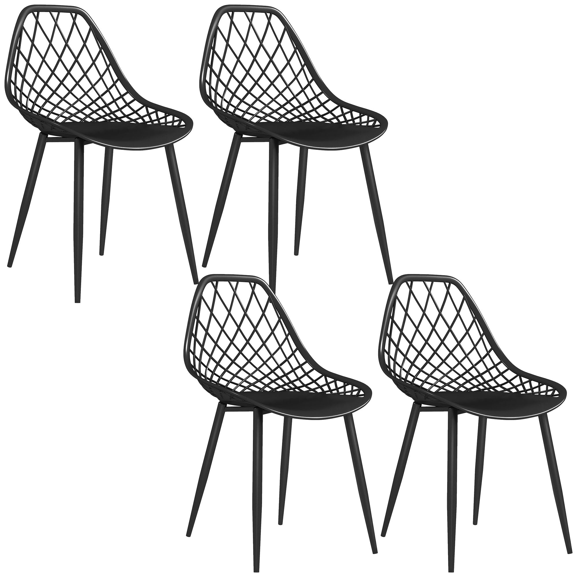 HOMCOM Set di 4 Sedie Sala da Pranzo con Schienale Curvo e Traforato Nero | Sedie Cucina Moderne, Gambe Metallo, Plastica, Cucina Camera Letto Soggiorno