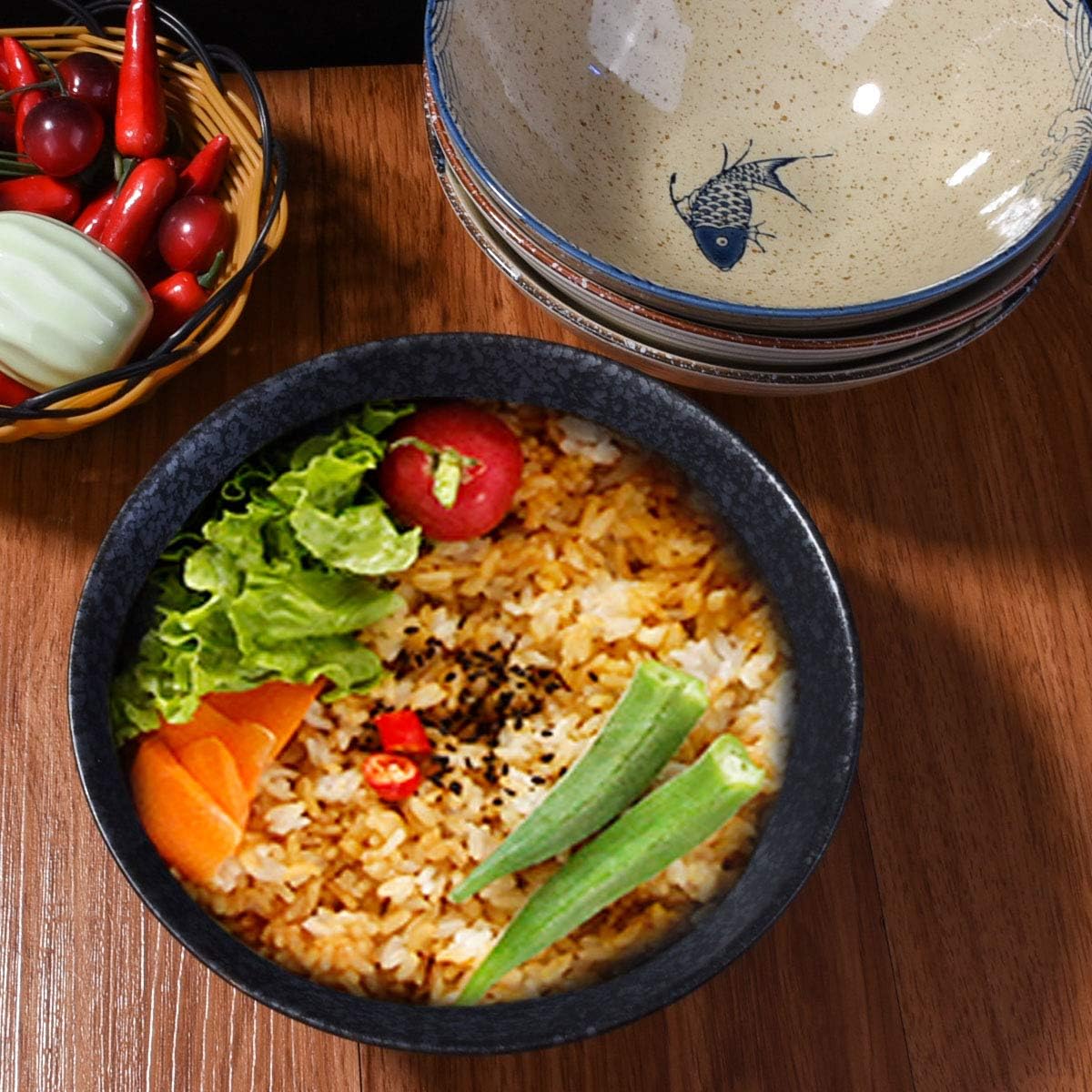 Japanese Retro Ramen Bowls Set of 4 Color Large 8 Inch Ceramic Bowl for Pho Dessert Snack Cereal Soup Noodle and Rice