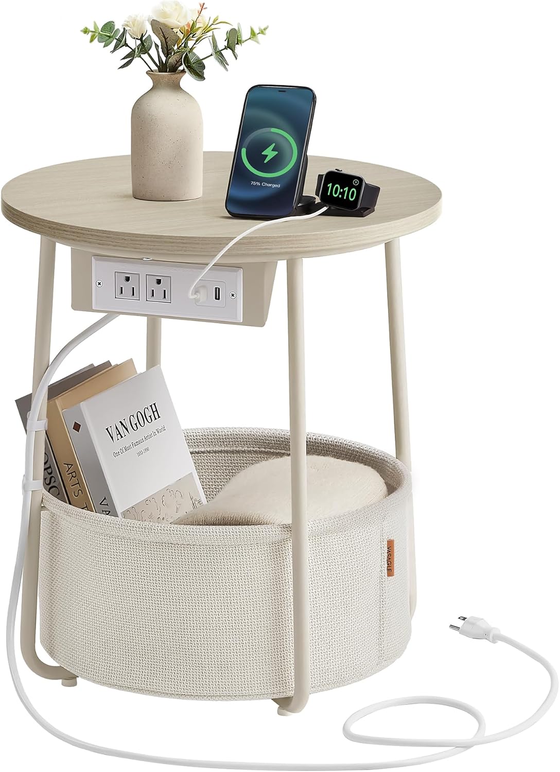VASAGLE Side Table with Charging Station, Round End Table, Nightstand with Power Outlets, USB Ports, Fabric Basket, Living Room, Bedroom, Modern, Cream White ULET228N01 VASAGLE Side Table with Charging Station, Round End Table, Nightstand with Power Outlets, USB Ports, Fabric Basket, Living Room, Bedroom, Modern, Cream White ULET228N01