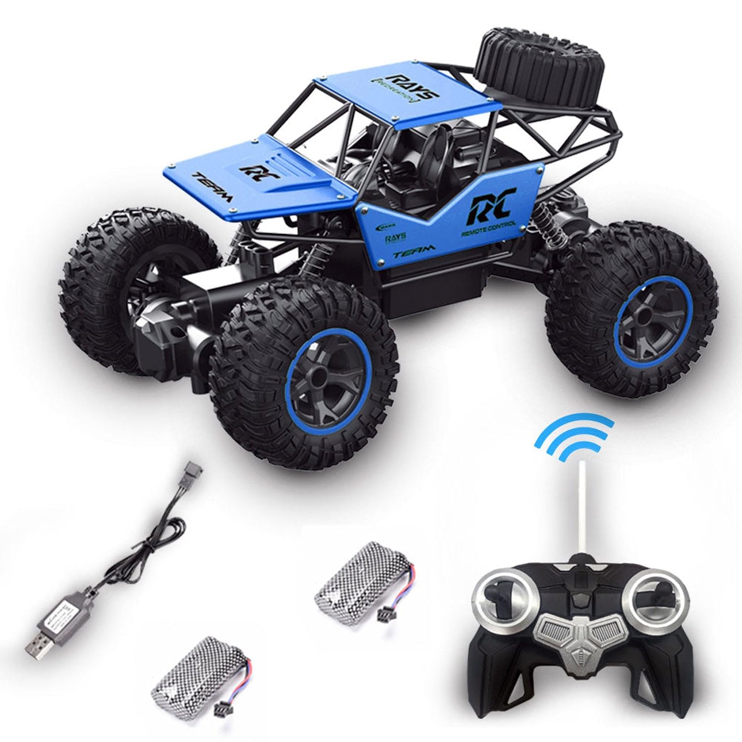 FITTO Remote Control Rc Car Offroad 4WD Powerful RC Rock Crawler With Two Batteries Off Road Toys for Boys, Monster Truck With Remote Control Blue