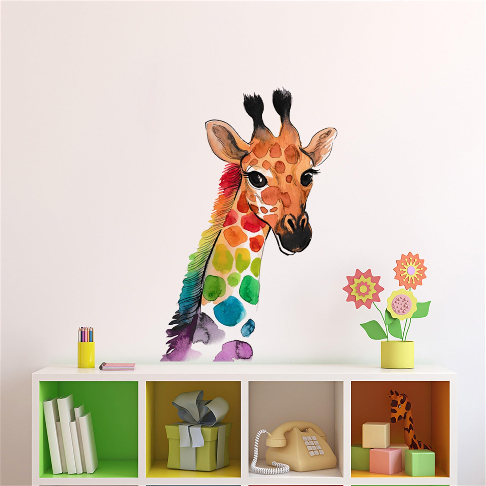 WAFT YEARN Vinyl Removable Colorful Giraffe Jungle Animals Safari Wall Decal Wall Sticker Decor for Nursery School Classroom Bedroom Bathroom Boys Girls Room Playroom 11.8 Inch by 23.6 Inch