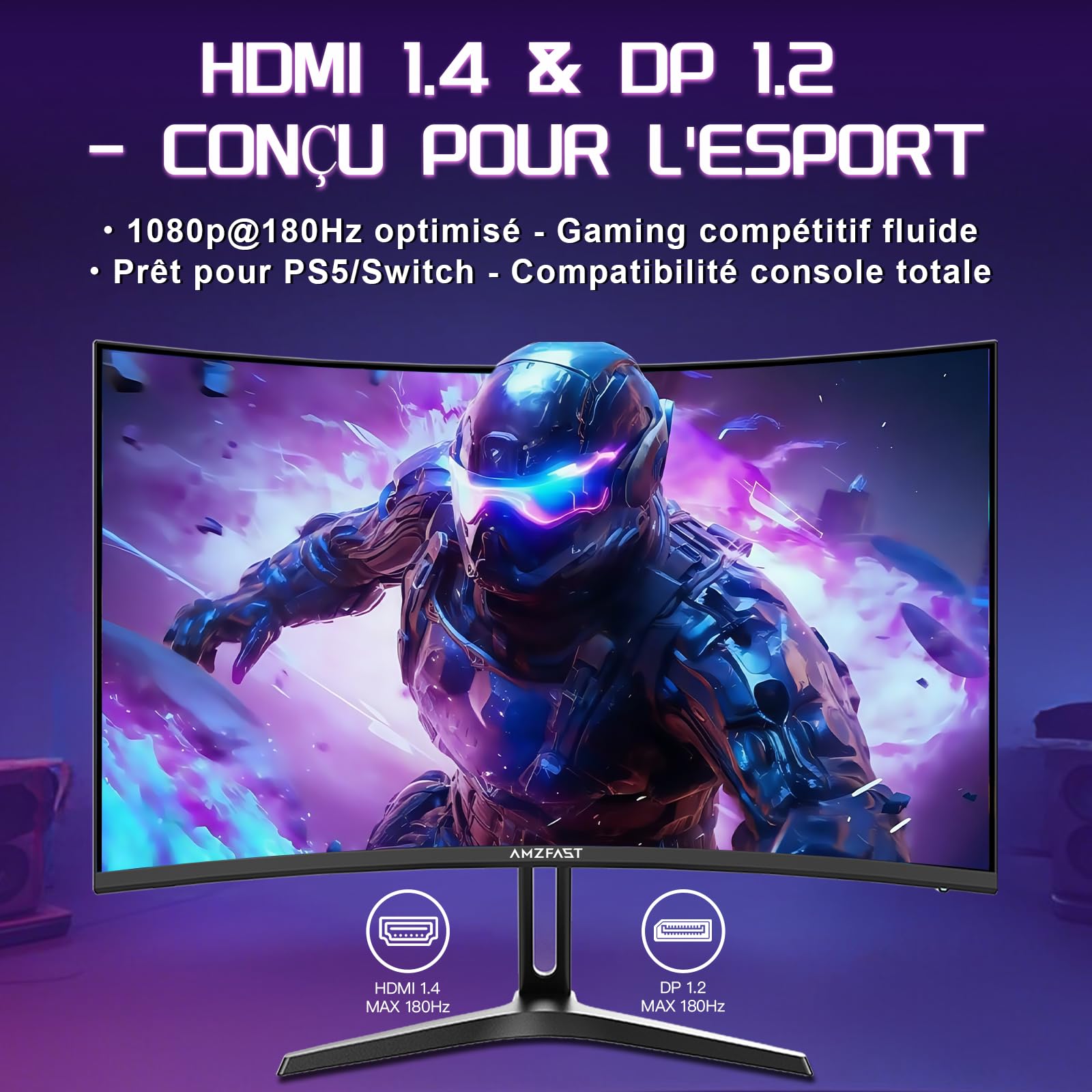 Amzfast Écran PC Gamer Incurvé 24 Pouces - 180Hz, FHD 1920x1080, sRGB 130% / DCI-P3 97%, 1 ms MPRT, Anti-Lumière Bleue, Adaptive Sync, HDMI 1.4 + DP 1.2, VESA 75x75, AMZG24C1