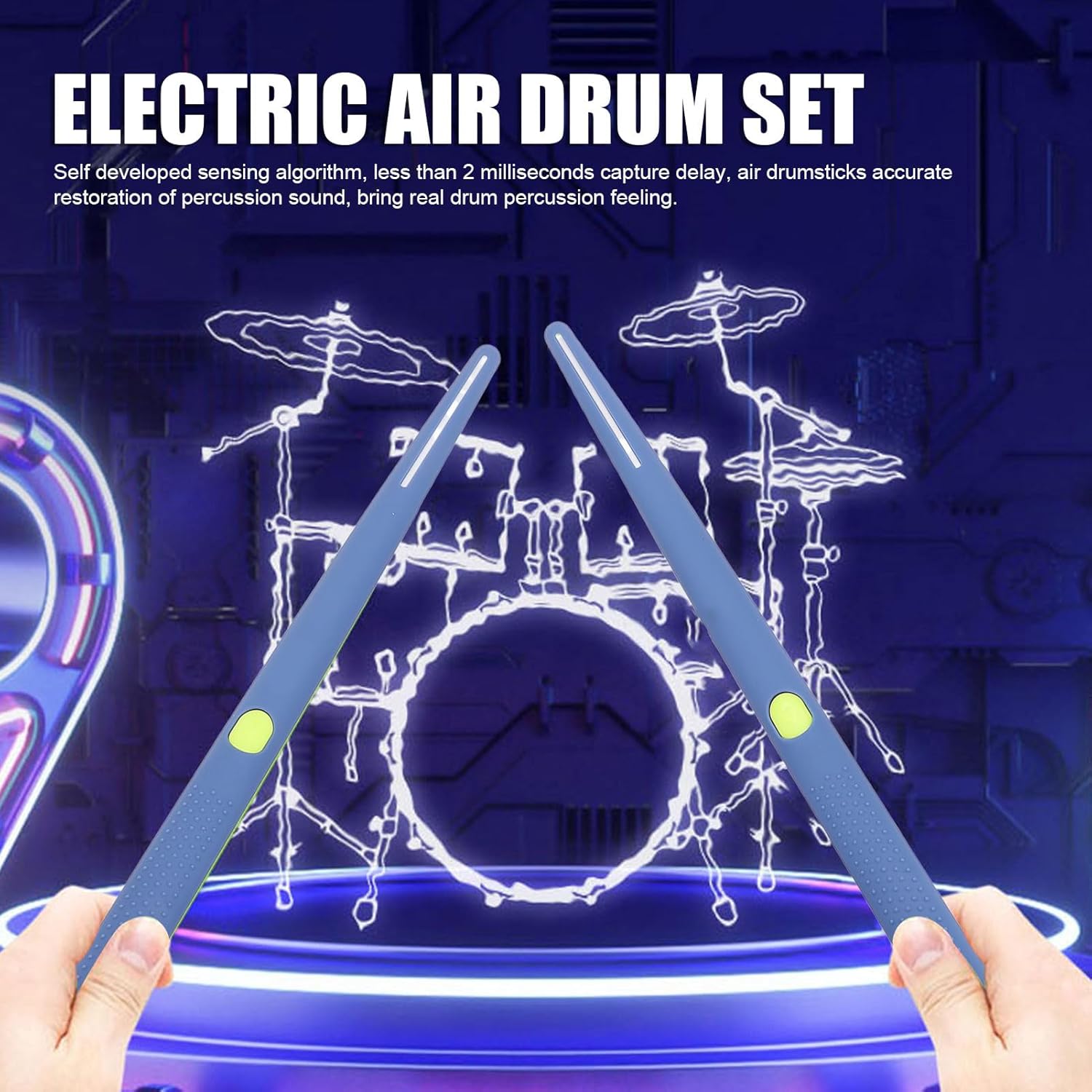GOWENIC Electric Air Drum Sticks Set, Smart Drumsticks Pedals Sensor Drum Set with Colorful Light Effect, Music Education Toy for Kids Beginners Played in Home Party Park Club etc. (Blue)