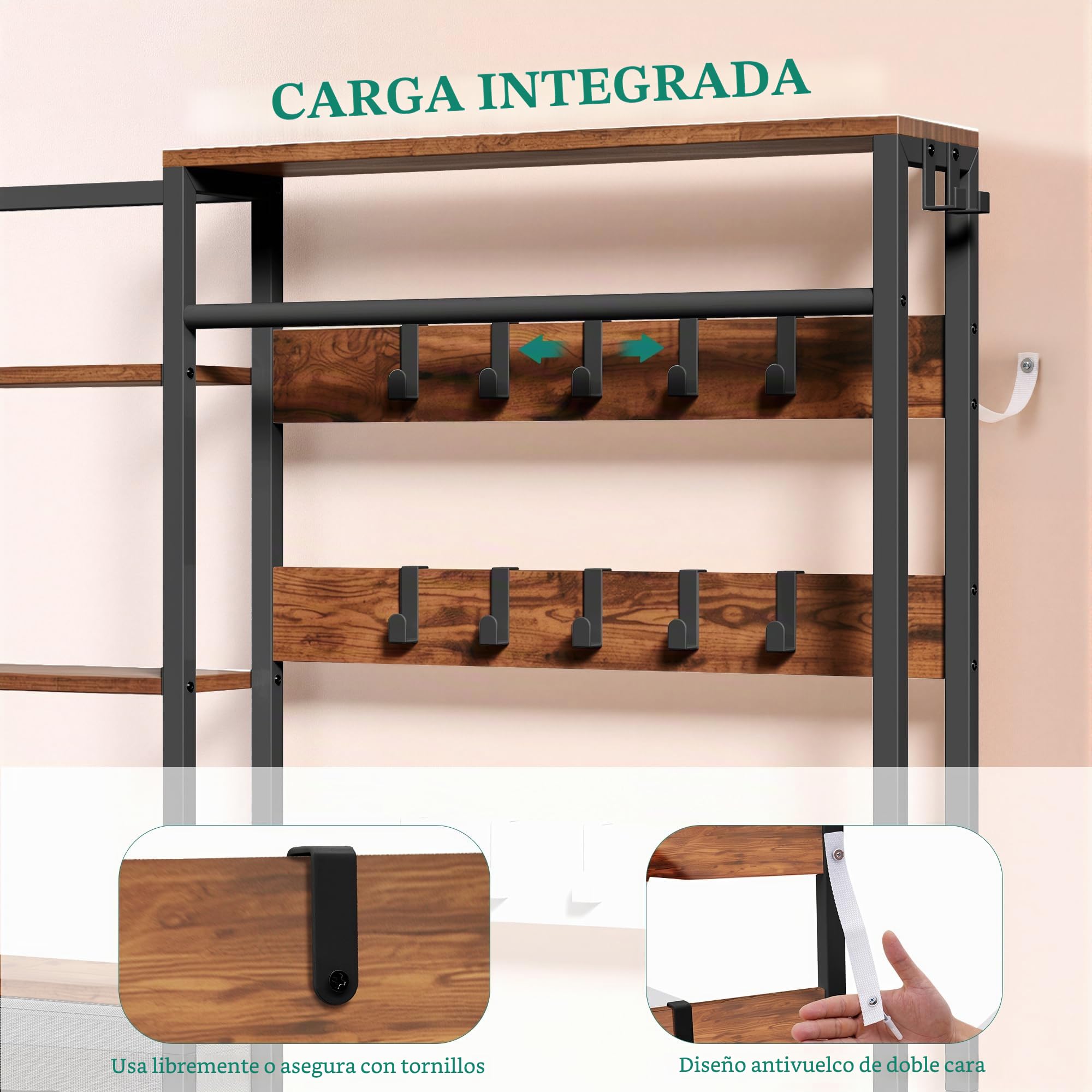 YITAHOME Perchero industrial con 9 ganchos, para pasillo, salón o dormitorio, con estructura de metal
