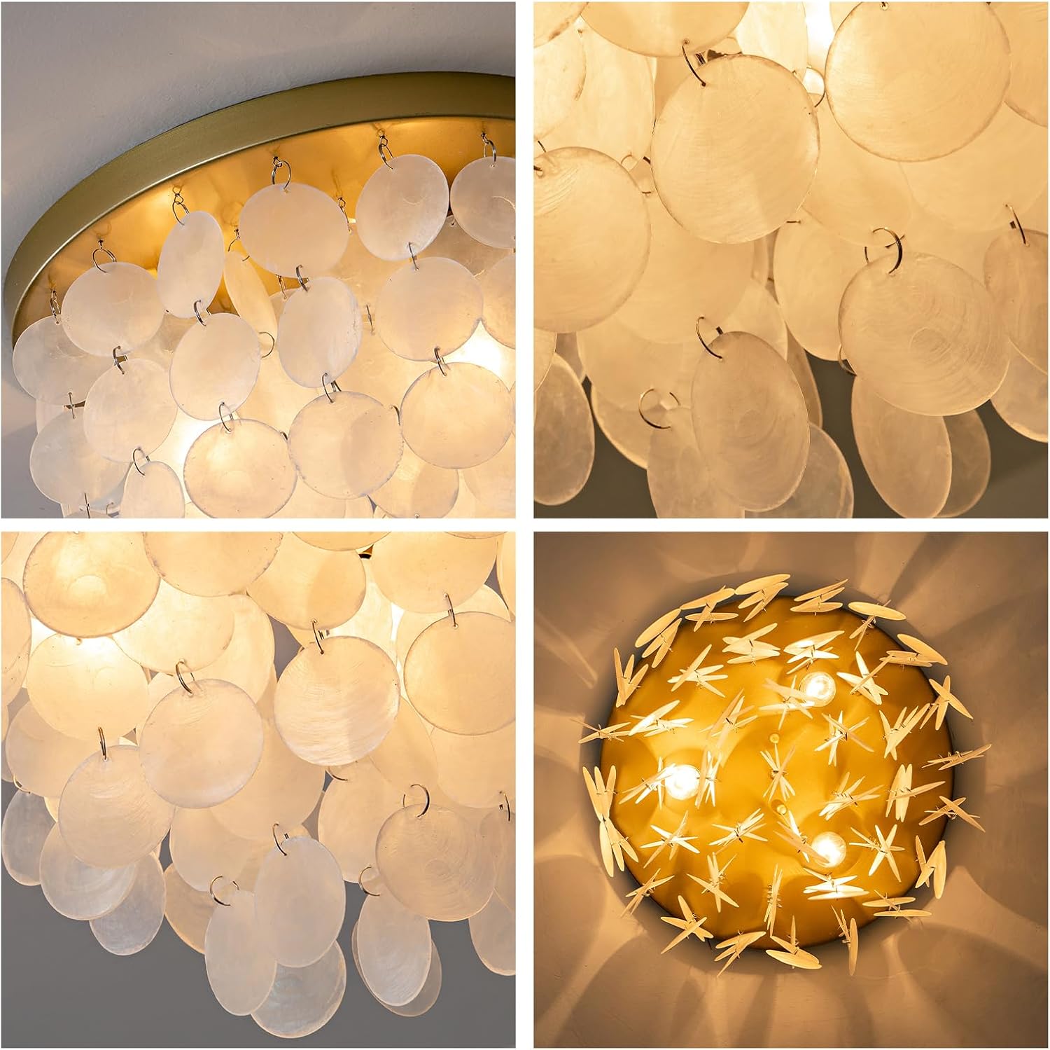 Capiz Shell Ceiling Light, 3-Light Boho Flush Mount Light Fixtures, Coastal Shell Modern Mini Ceiling Light for Bedroom Hallway Bathroom Entryway Kitchen Island (Gold & White)