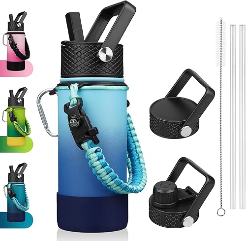 Miniatura 46 de BJPKPK Botella de agua aislada con tapa con popote, frascos térmicos de 22 onzas con 3 tapas, mango de paracord y bota antideslizante, vasos de