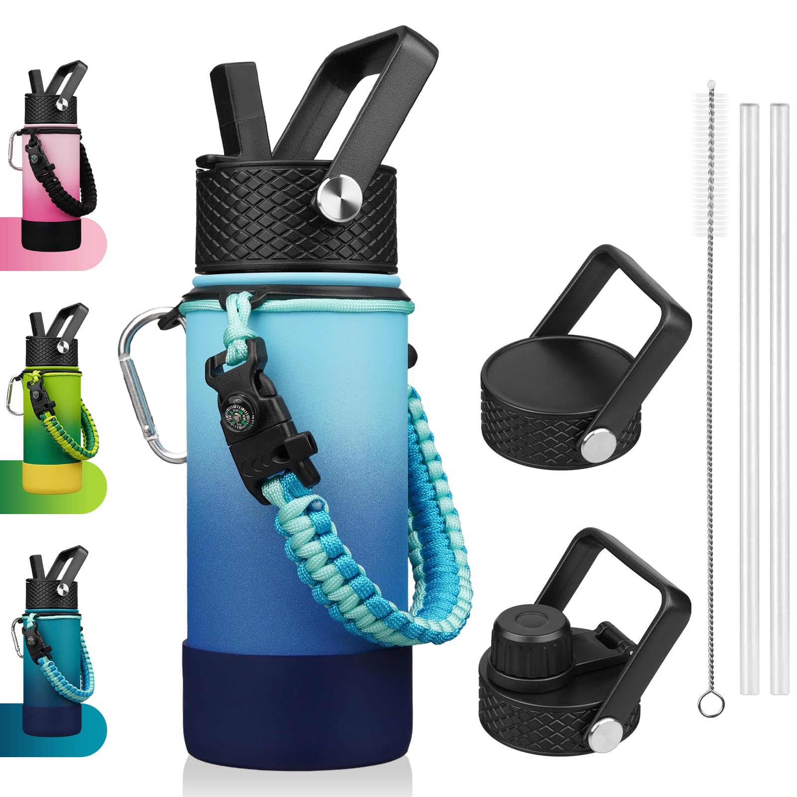 BJPKPK Water Bottle with Straw Lid, 18oz Insulated Water Bottles with 3 Lids, Paracord Handle & Non-slip Boot, Metal Stainless Steel Thermos, BPA Free Leak Proof Cups, Tumblers,Sky