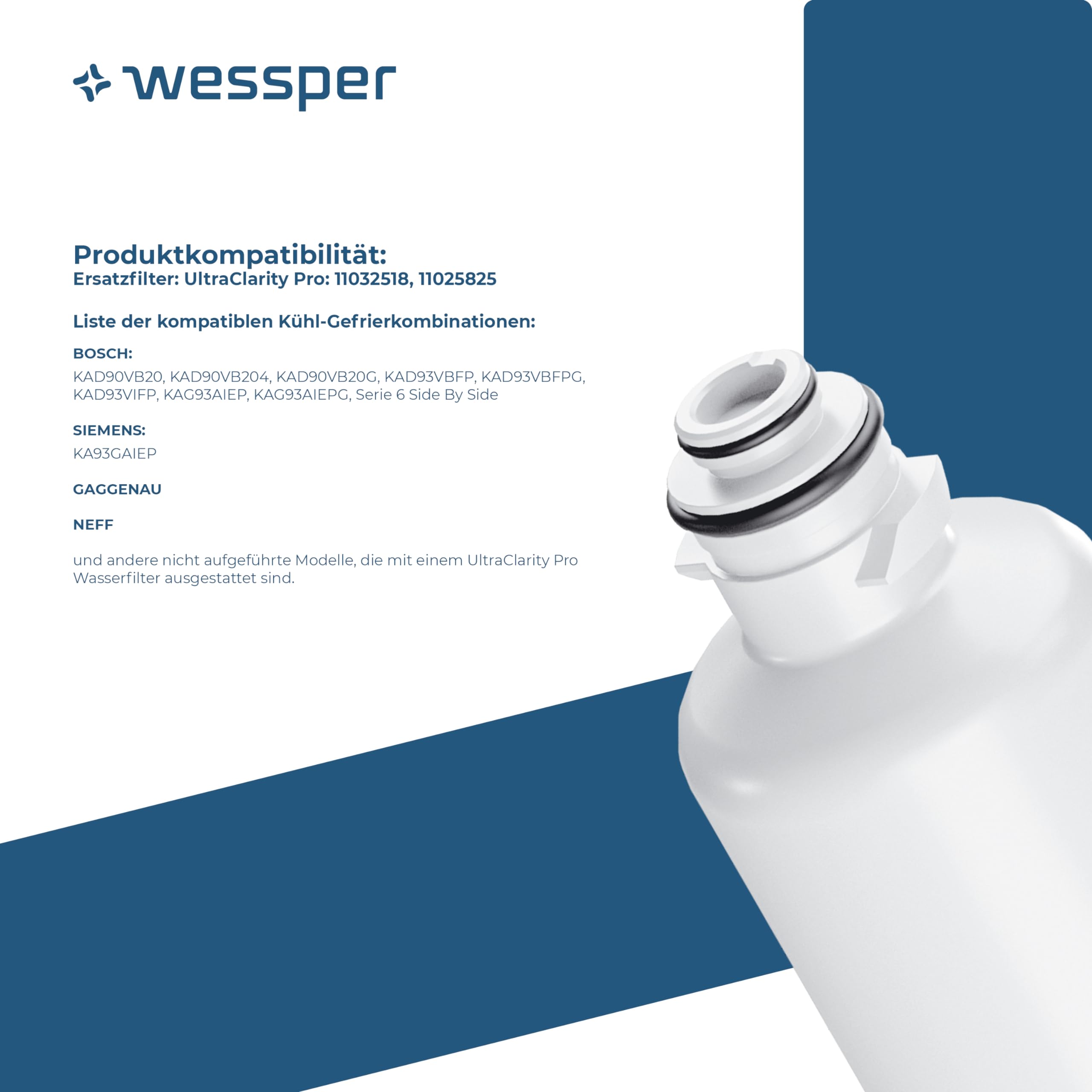 Wessper Filtro de agua para frigorífico, repuesto filtro de agua Ultra Clarity Pro 11032518, 11025825, compatible con frigorífico Bosch, Gaggenau, Neff y Siemens - 2 piezas