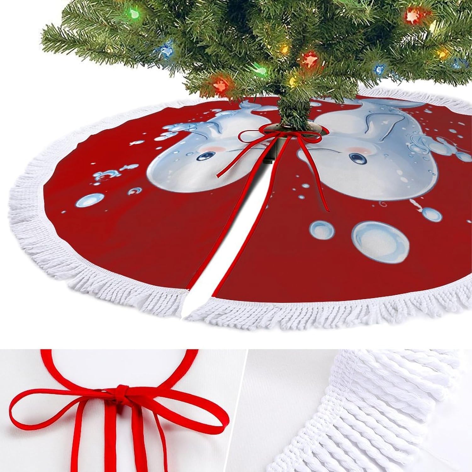 Cute Beluga Whale Couples Christmas Tree Skirt Round Xmas Tree Mat Ornaments Tree Skirts with Tassels for Holiday Party