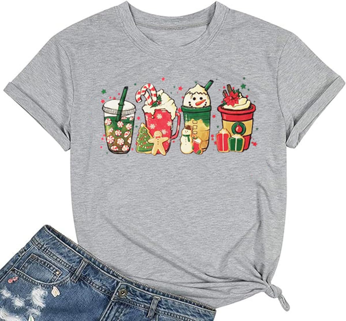 HEYOChristmas Coffee T-Shirt Women Christmas Snowman Latte Shirt Coffee Lover Tee Xmas Holiday Party Gifts Shirts Tops