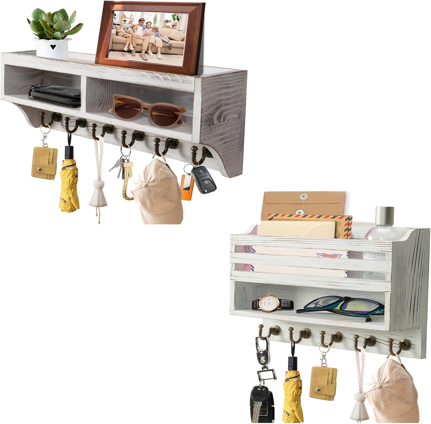 Key Holder Wall Mount - Mail Organizer Wall Mount with 6 Key Hooks and Storage Box for Sunglasses Storage and Dog Leash Holder Home Decor Rack Farmhouse Entryway Organizer(White)