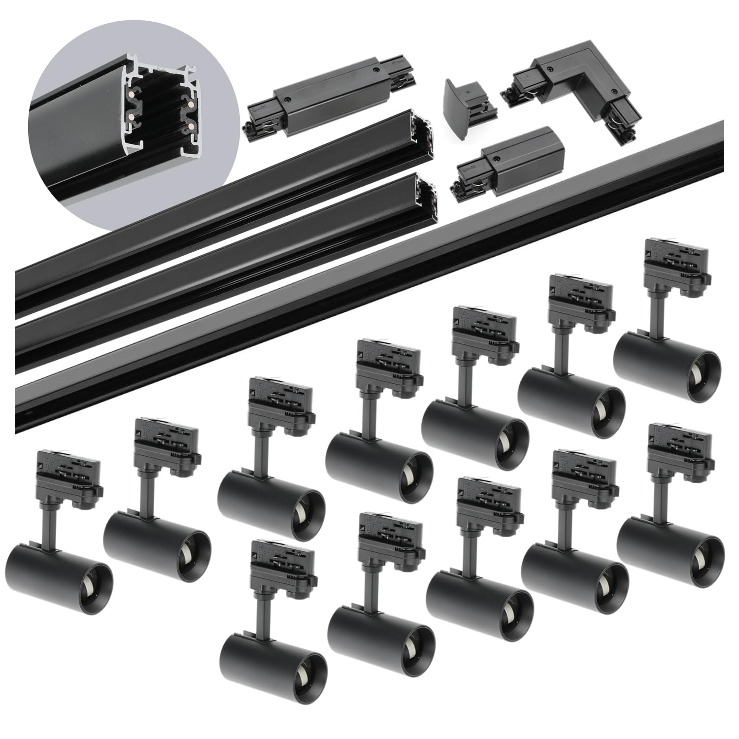 NEXTRACK 3-Phasen-Schienenset Komplett-Set mit GU10 Lampe, 2x1m+2m Schiene, Verbinder I&L, Schwarz