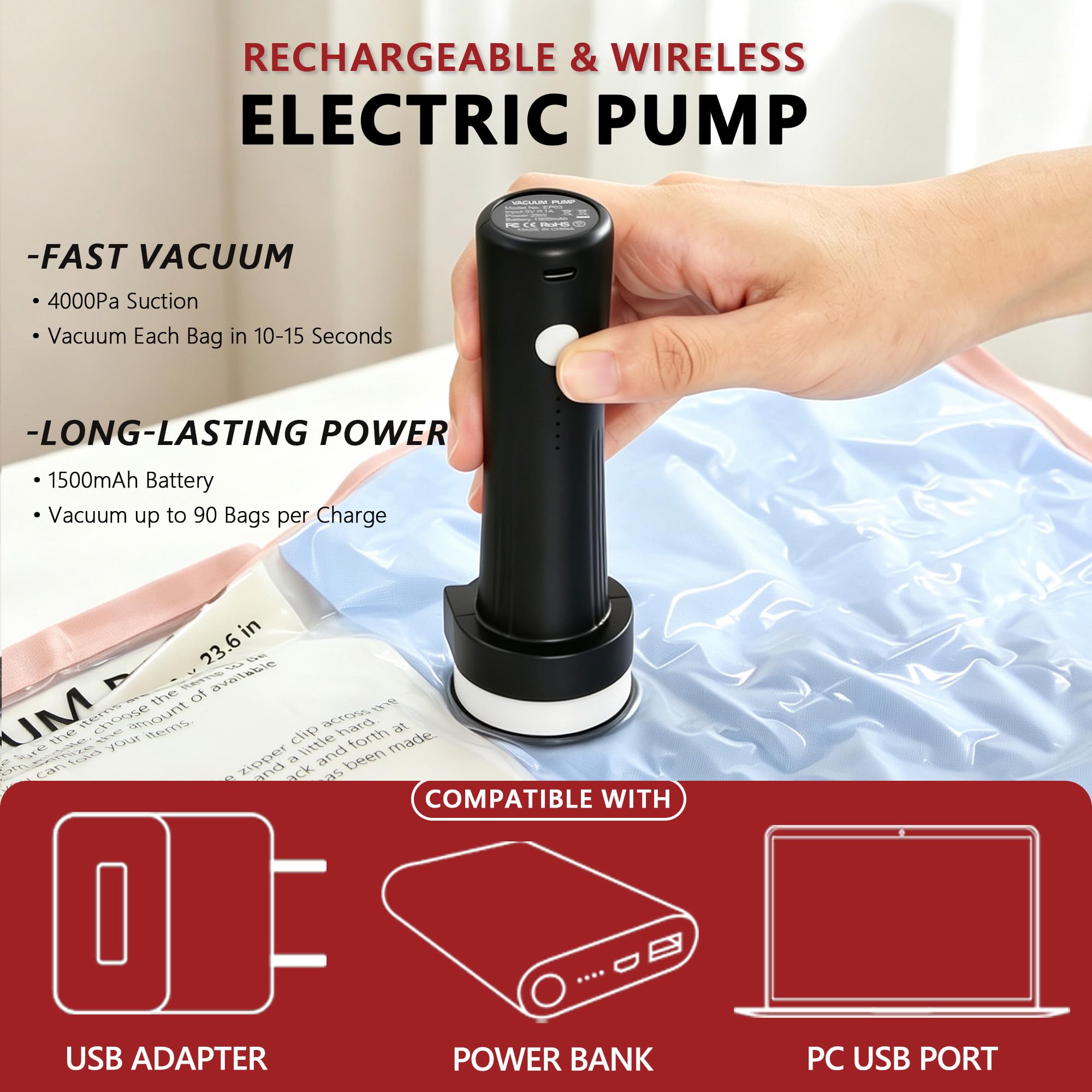 Travel Vacuum Bags for Clothing with Cordless Pump 18 Combo, Pink view 5