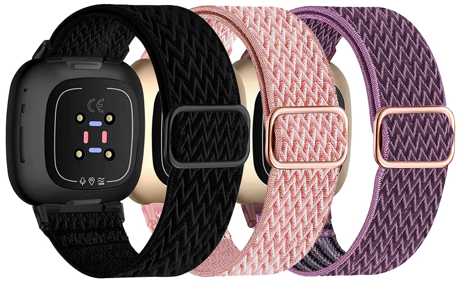 Nigaee 3 Pack Elastic Nylon Straps Compatible for Fitbit Versa 4/Versa 3/Sense 2/Sense Strap, Stretchy Adjustable Fabric Breathable Replacement Straps for Women Men โ image 1
