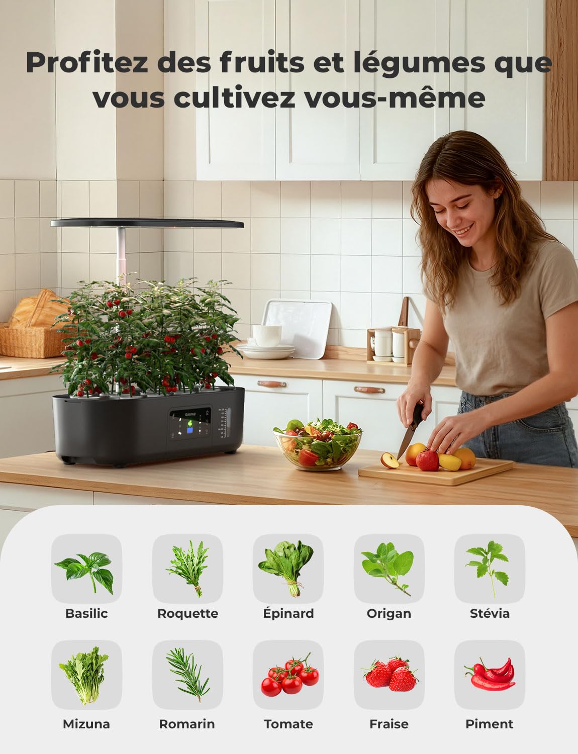 Potager d'intérieur 13 Pots avec Lampe Culture LED, Minuterie Automatique, Hauteur Réglable, Noir