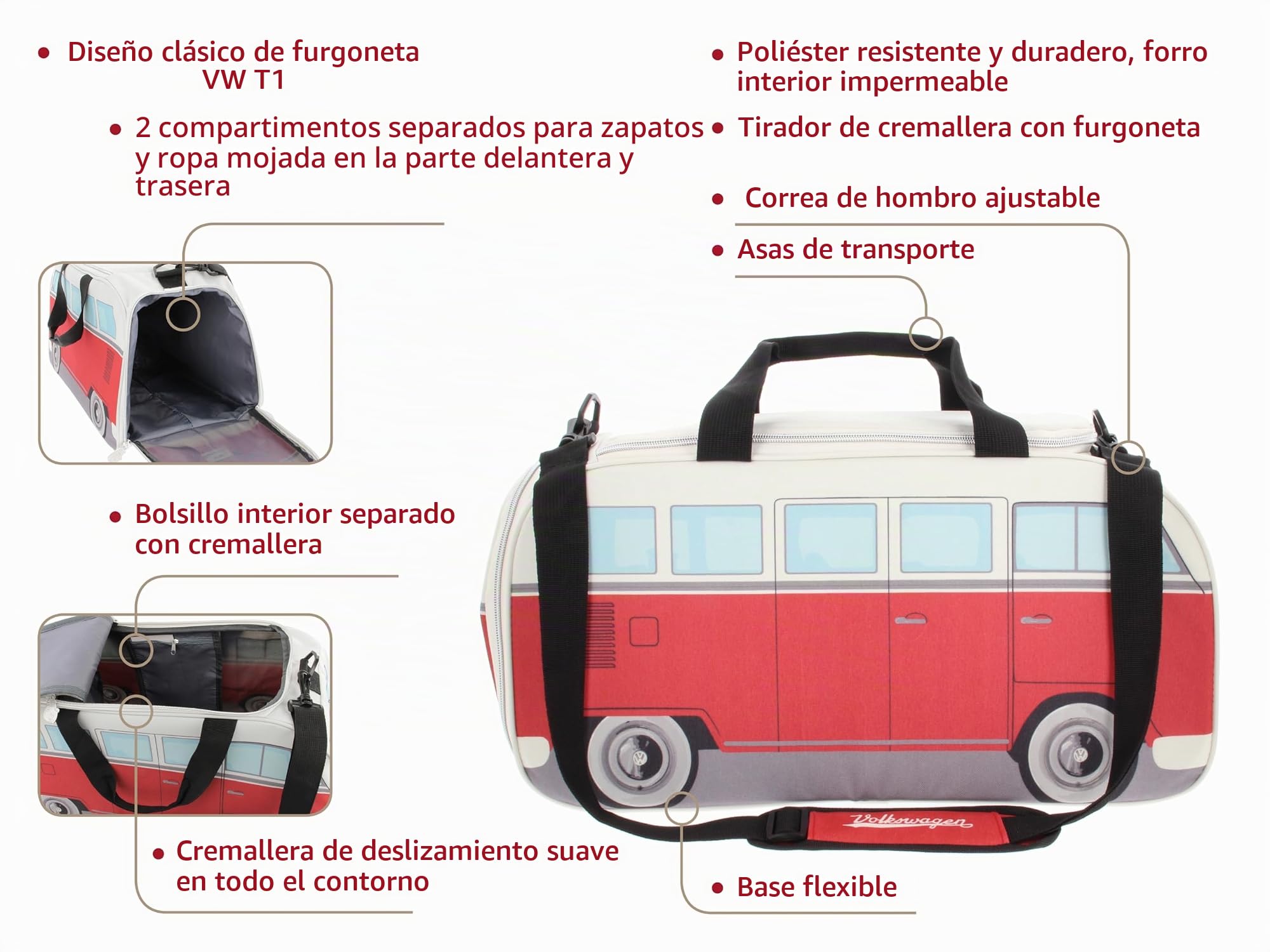 BRISA VW Collection - Volkswagen Furgoneta Hippie Bus T1 Van Bolsa de Deporte Plegable con Asas, Bolsa de Viaje con Compartimento Impermeable para Zapatos, Equipaje, Duffel Bag para Gimnasio/Regalo