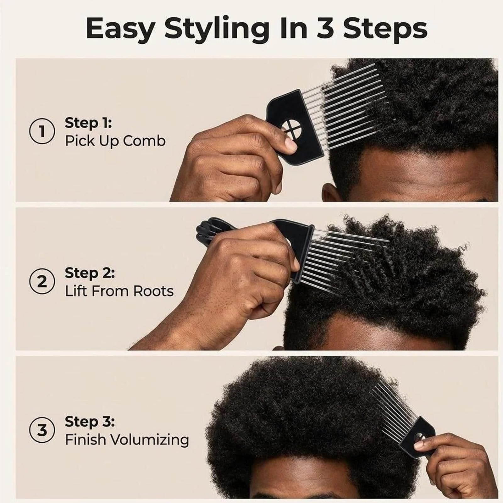 Peine de dientes anchos para cabello rizado y grueso de metal (3 unidades, herramienta de peluquería para hombres y mujeres, con mango de plástico)