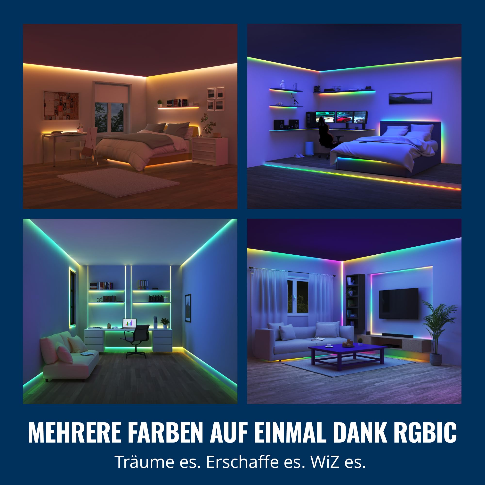 WiZ RGBIC LED Lightstrip - 10 m, 16 Mio. Farben + Weißtöne, dynamische Lichtszenen, verbindet sich mit Ihrem WLAN, Sprach- / App-Steuerung, funktioniert mit Google Home, Alexa und HomeKit