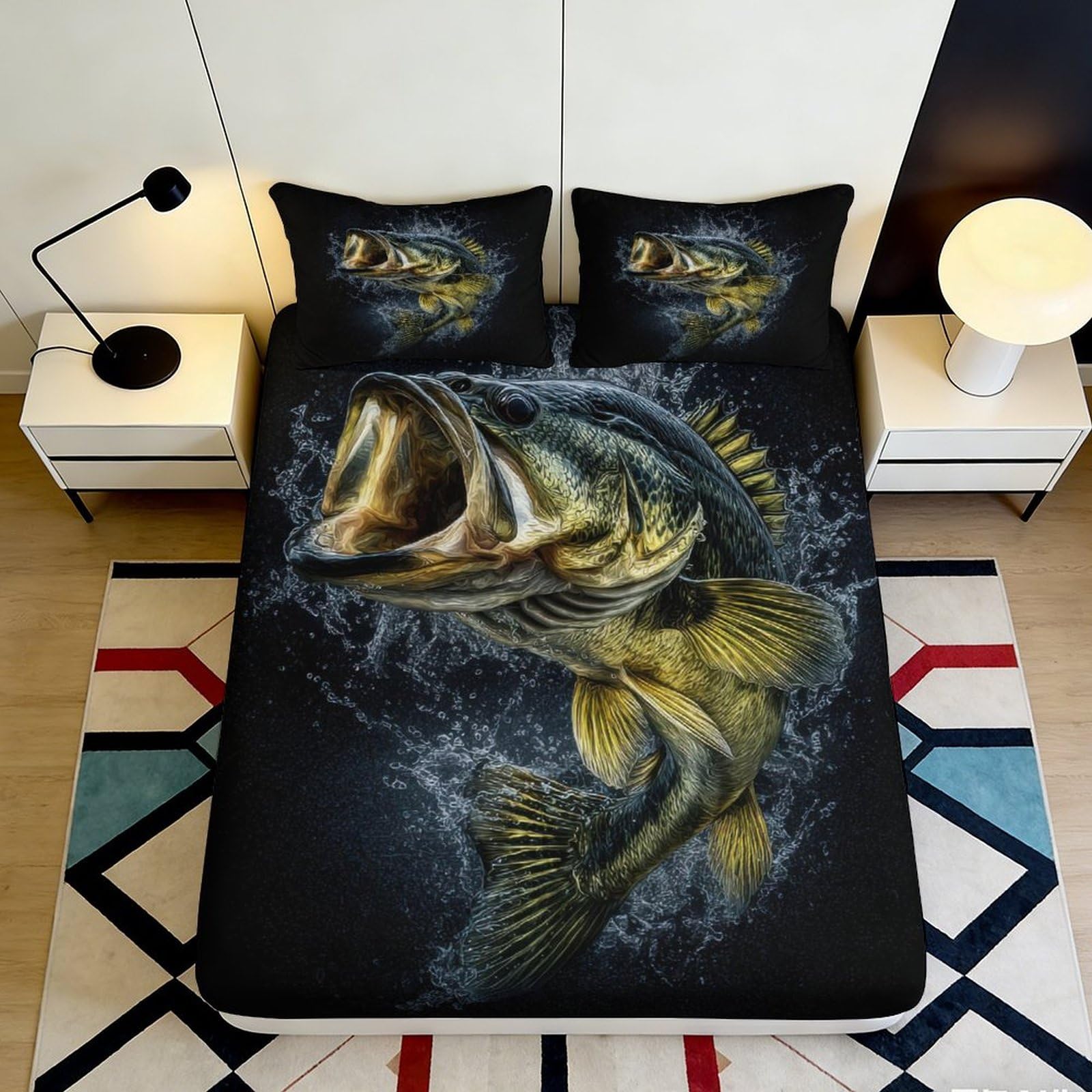 3D Printed Large Fish Fitted Sheet Microfiber Durable 3D Printed Splash Bed Cover for Bedroom Dormitory Guest Room Mattress Protection 180x200x25cm