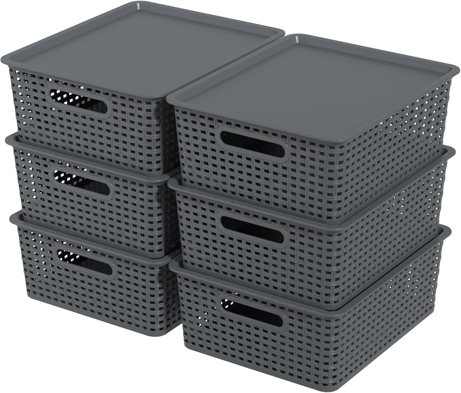 6 Packs Plastic Woven Storage Basket with Lids, Lidded Storage Basket Bin for Shelves, 14.05" L x 11.65" W x 5.31" H, Black