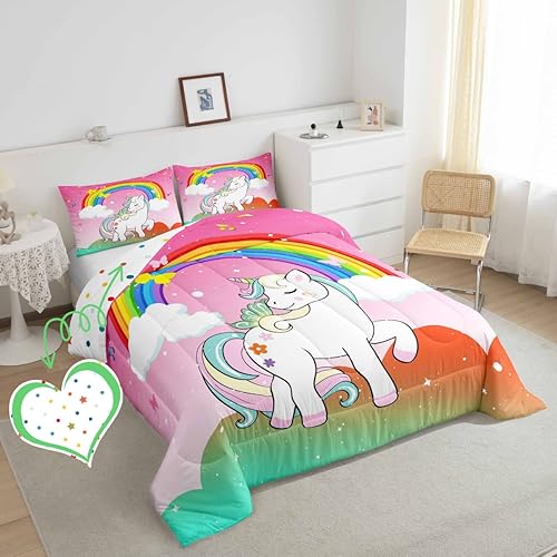 Miniatura 3 de Juego de edredón Kawaii de unicornio tamaño Queen para niñas, ropa de cama de unicornio con estrellas, arco iris, degradado, edredón acolchado de
