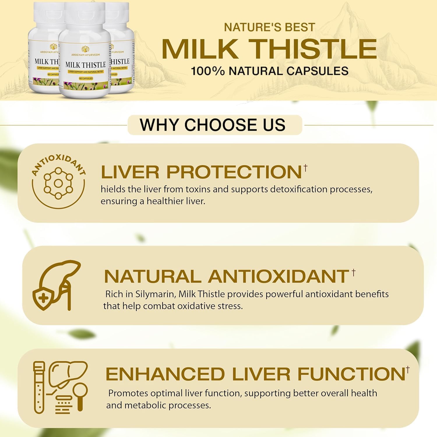 Arogyam Ayurvedm Milk Thistle Capsules, Natural Liver Support Supplement, 600mg, 60 Count, Gluten Free - Image 2