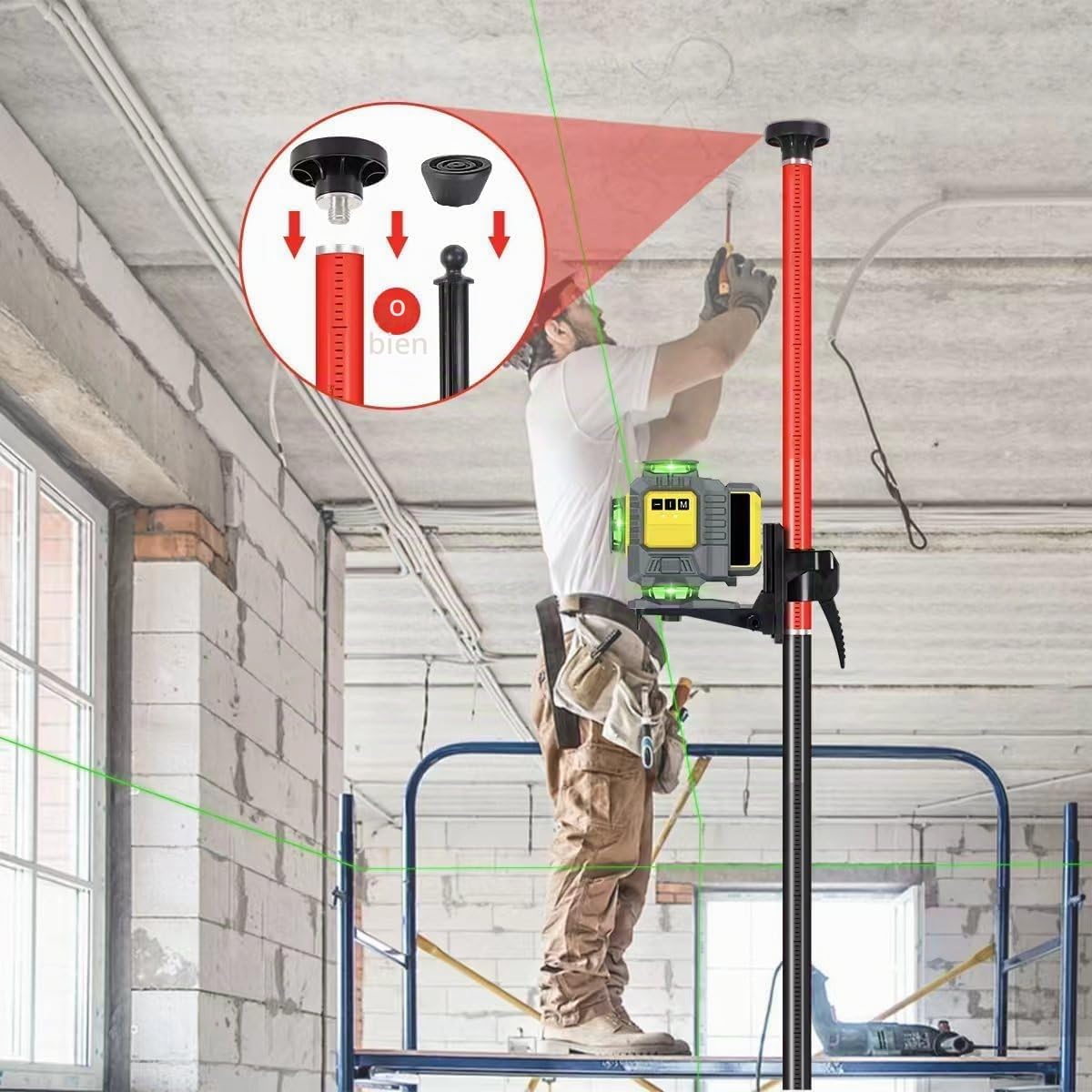 Barra de nivelación láser telescópica con trípode, extensible hasta 4,2 m, con soporte láser de 1/4 x 20 pulgadas, incluye tuerca adaptadora de 5/8"-11, color rojo