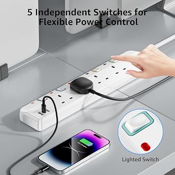 Extension Lead with USB Slots, Plug Extension Socket with Individual Switches, 4 Way Extension Lead with with 1 PD20W USB C and 2 USB A, 1.5M Power Cord with 13A Fused Protection for Home