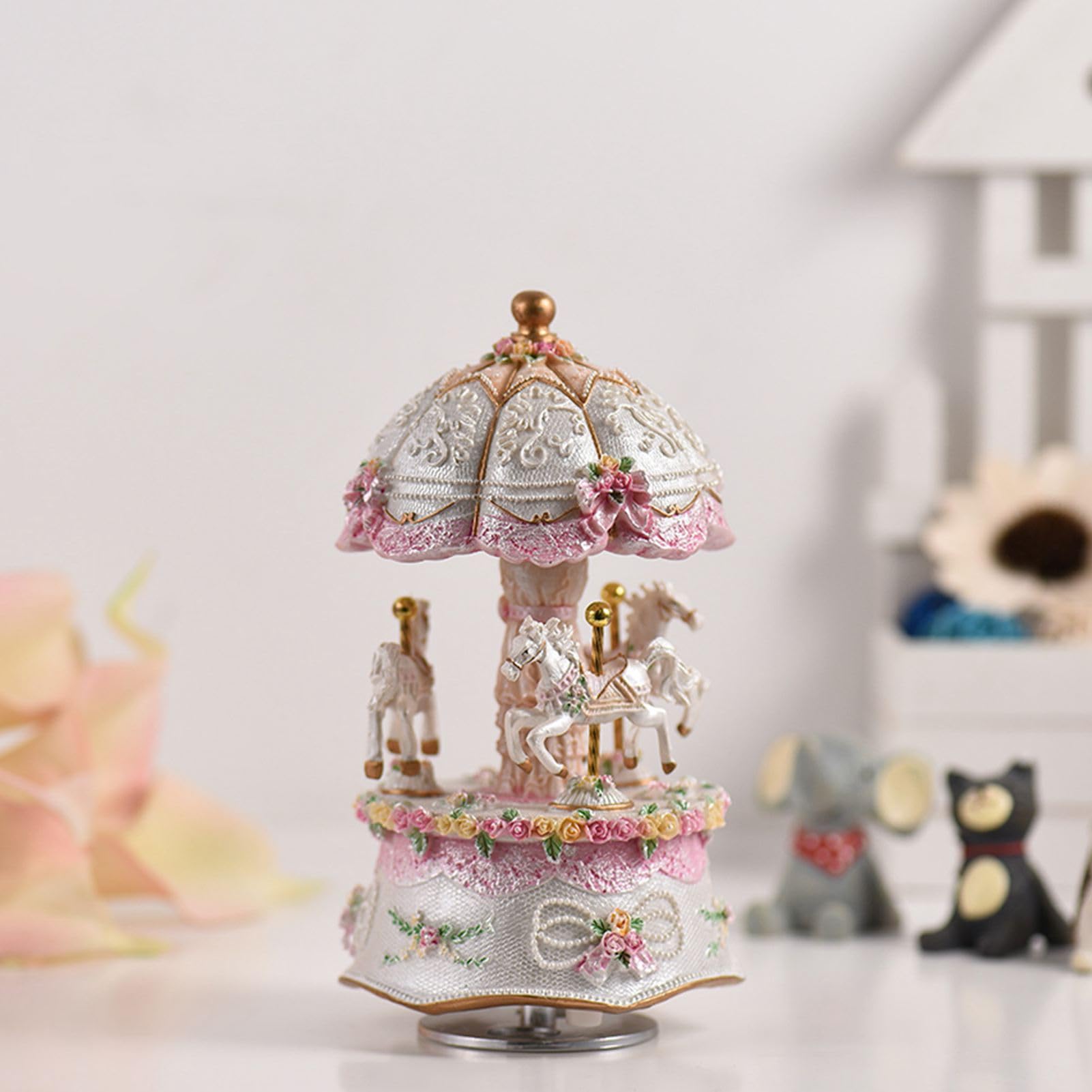 Juroupi White Luxury Dream 3-Horse Rotating Carousel Merry-Go-Round Windup Music Carousel With Colorful Color Change Led Luminous Light Melody Of Castle In The Sky Artware Birthday