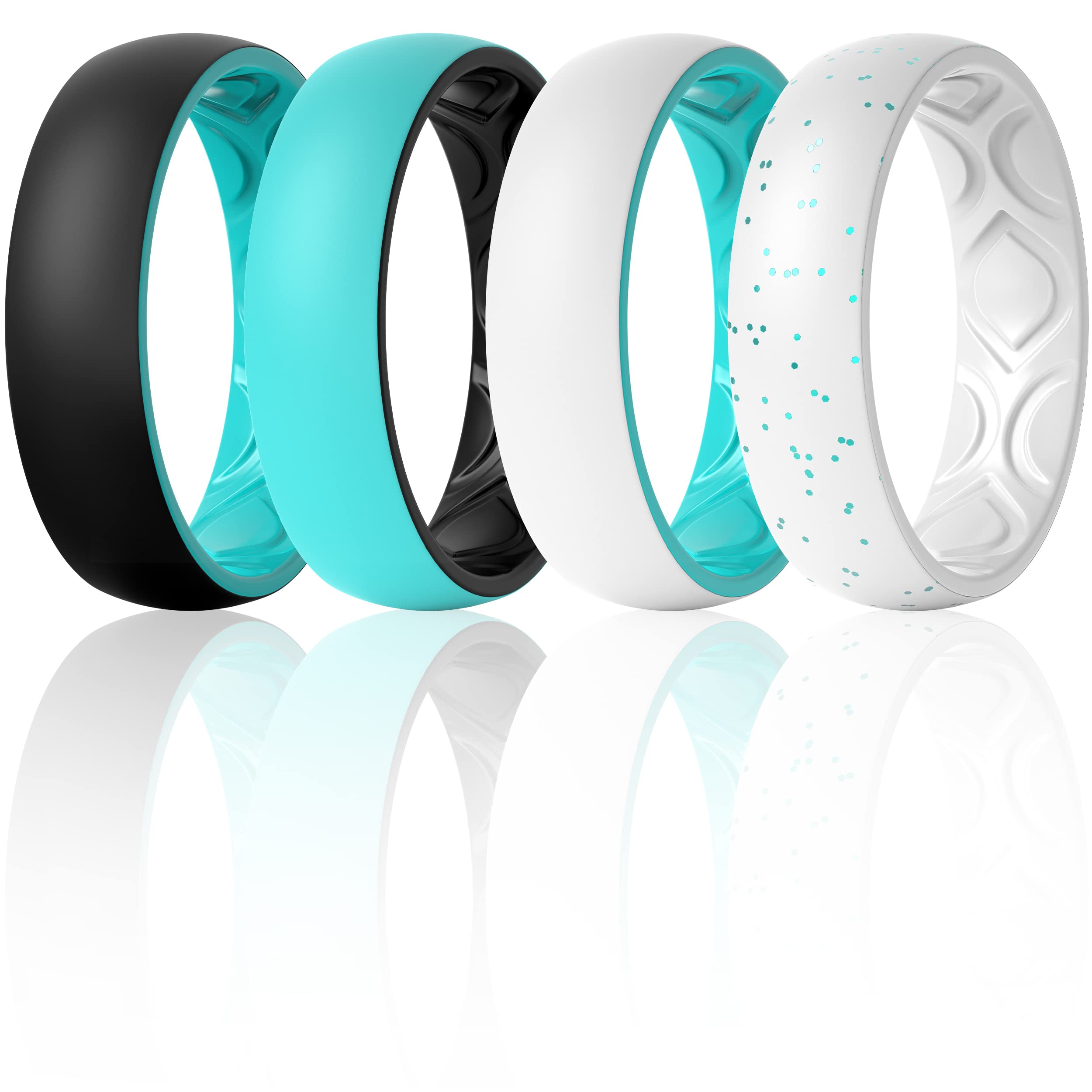 ThunderFit Wedding Bands for Women, Breathable 2 Layer - 5.5mm Wide - 1.5mm Thick (Teal-Black, Black-Teal, White-Teal, Light Teal Glitter-White - Size 12.5-13 (22.2mm))