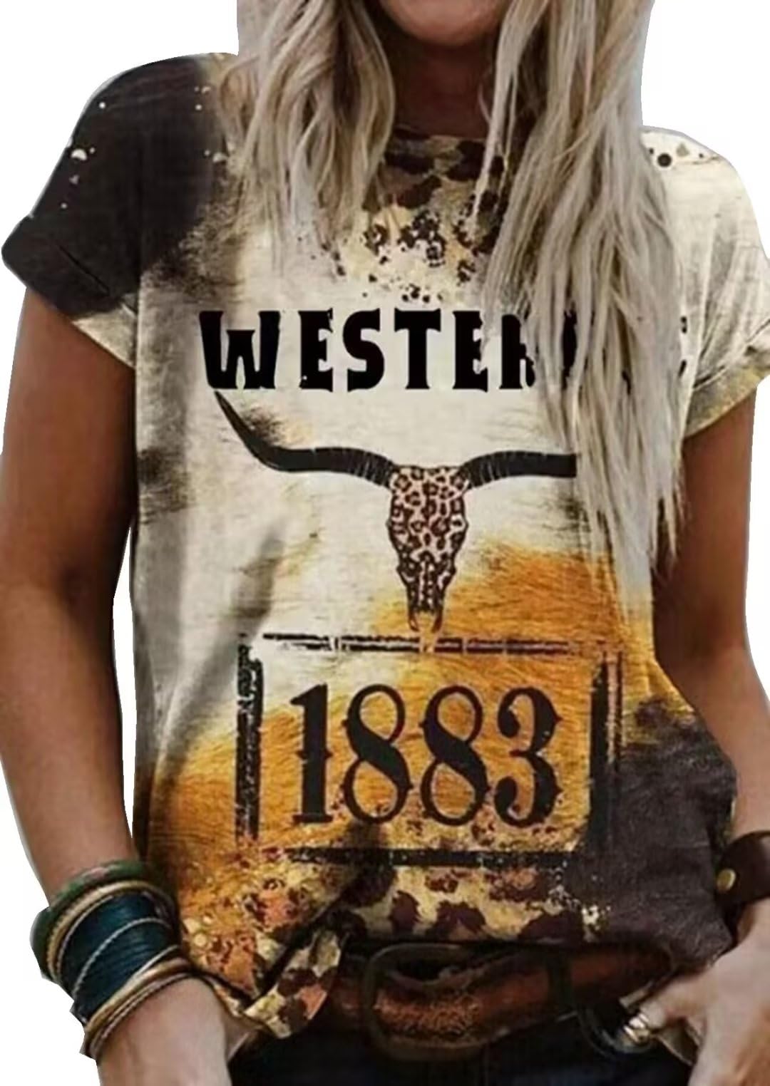 KBLDZHTVintage Western 1883 Shirt Women Retro Leopard Steer Skull Graphic T-Shirt Country Music Tees Cute Cowgirl Gift Shirt