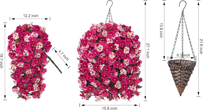 HyeFlora Artificial Flowers for Outdoors with Hanging Basket 4pcs UV Resistant Fake Pansy with Realistic Leaves Faux Hanging Plants Front Door Porch Home Outside Decoration (Mix Rose)