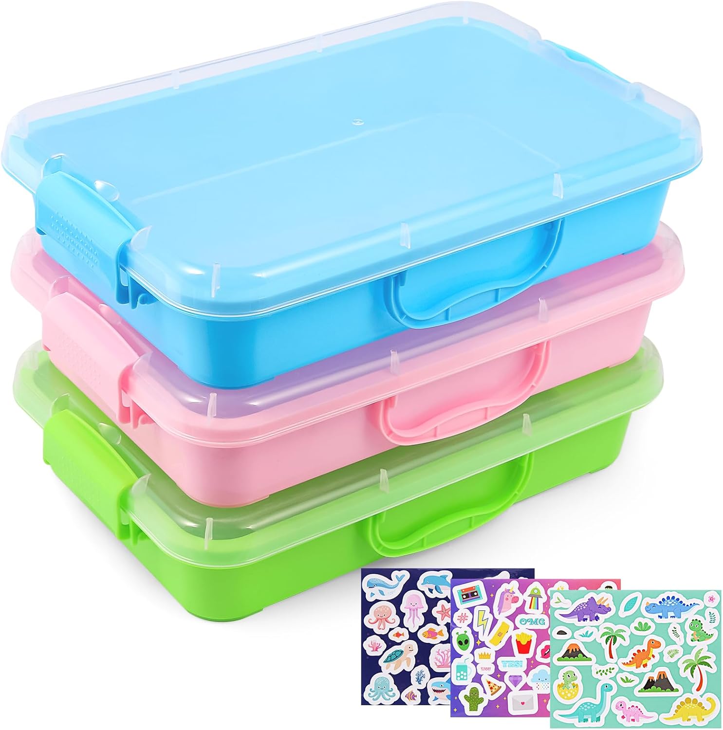 FIIOEOY 3 Pcs Sensory Bin Sand Tray with Lid & 3 Stickers, Stackable Plastic Storage Containers, Portable Sandbox, Organizers for Toys, Sand, Arts, Crafts (Blue, Green, Pink)