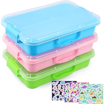 FIIOEOY Pack of 3 Sandpit with Lids & Stickers for Children Sensory Tub Box Sand Tray Sensory Bin Plastic Tray Storage Box for Toys Sand and More Blue Green Pink