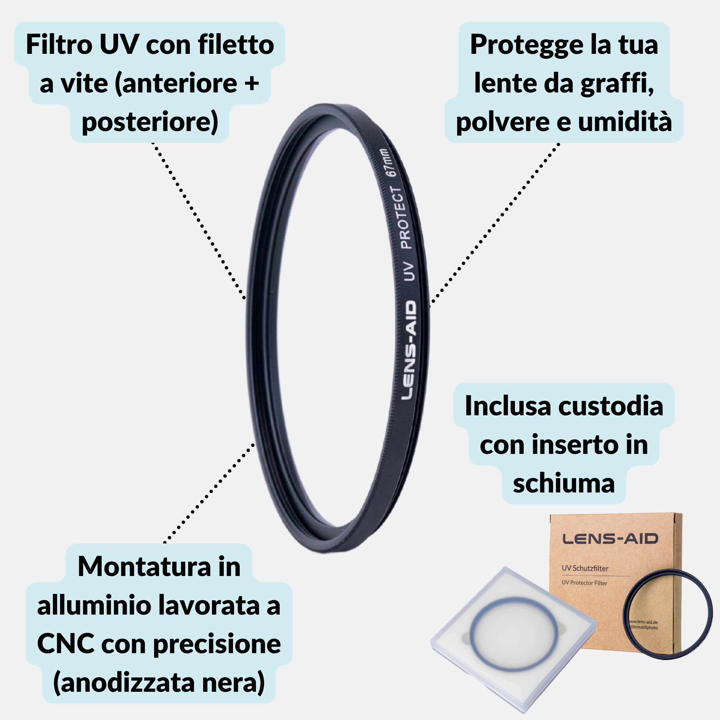 Lens-Aid Filtro UV67 mm - Filtro per obiettivi con vetro Schott B270 - Filtro protettivo per raggi ultravioletti con nano-rivestimento 18x contro graffi, polvere (repellente all'olio e all'acqua)