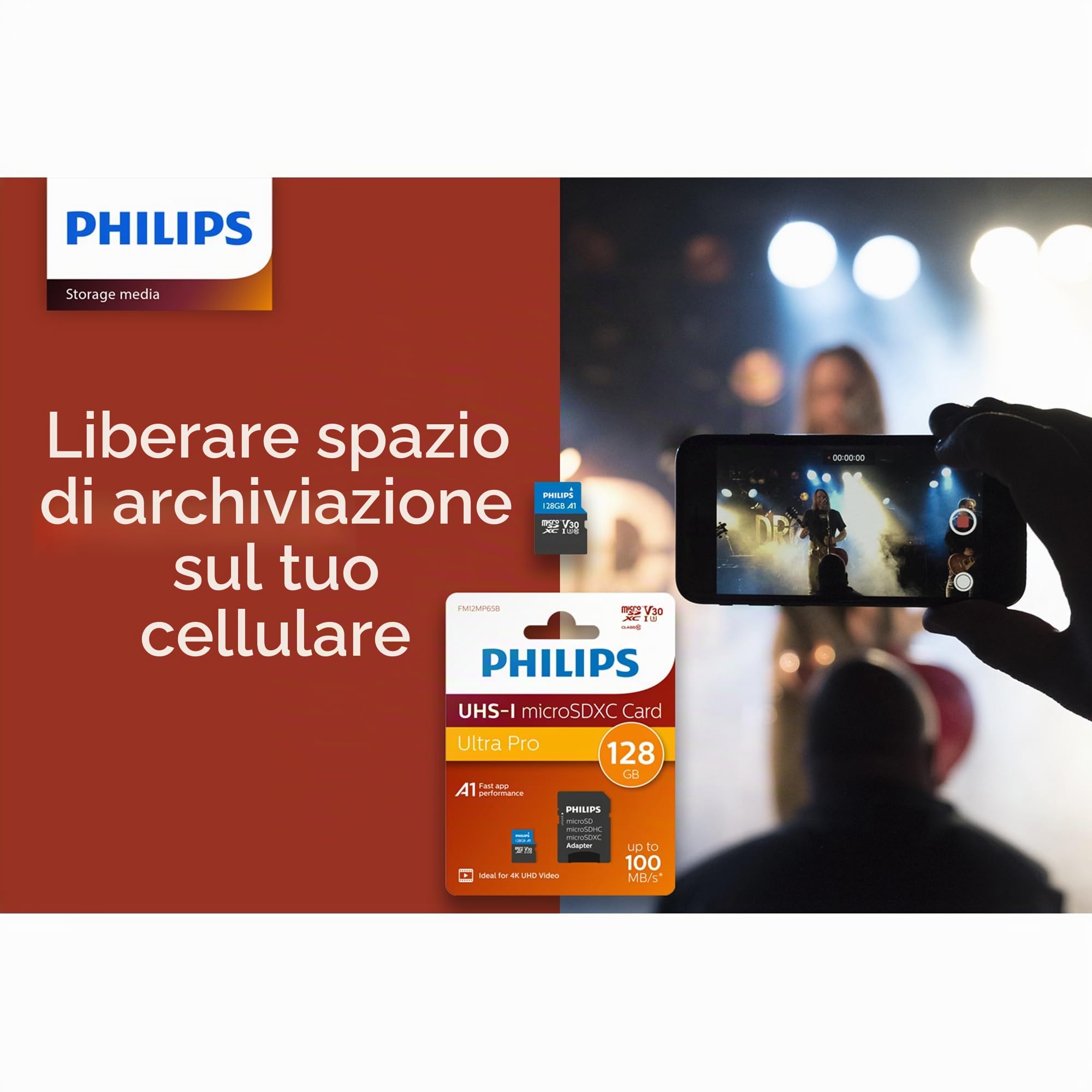 Philips Ultra Pro microSDXC Card 128 GB+adattatore SD UHS-I U3,velocità di lettura fino a 100 MB/s,A1 Fast App Perf,V30,scheda di memoria per smartphone,tablet,PC,lettore di schede,video 4K UHD
