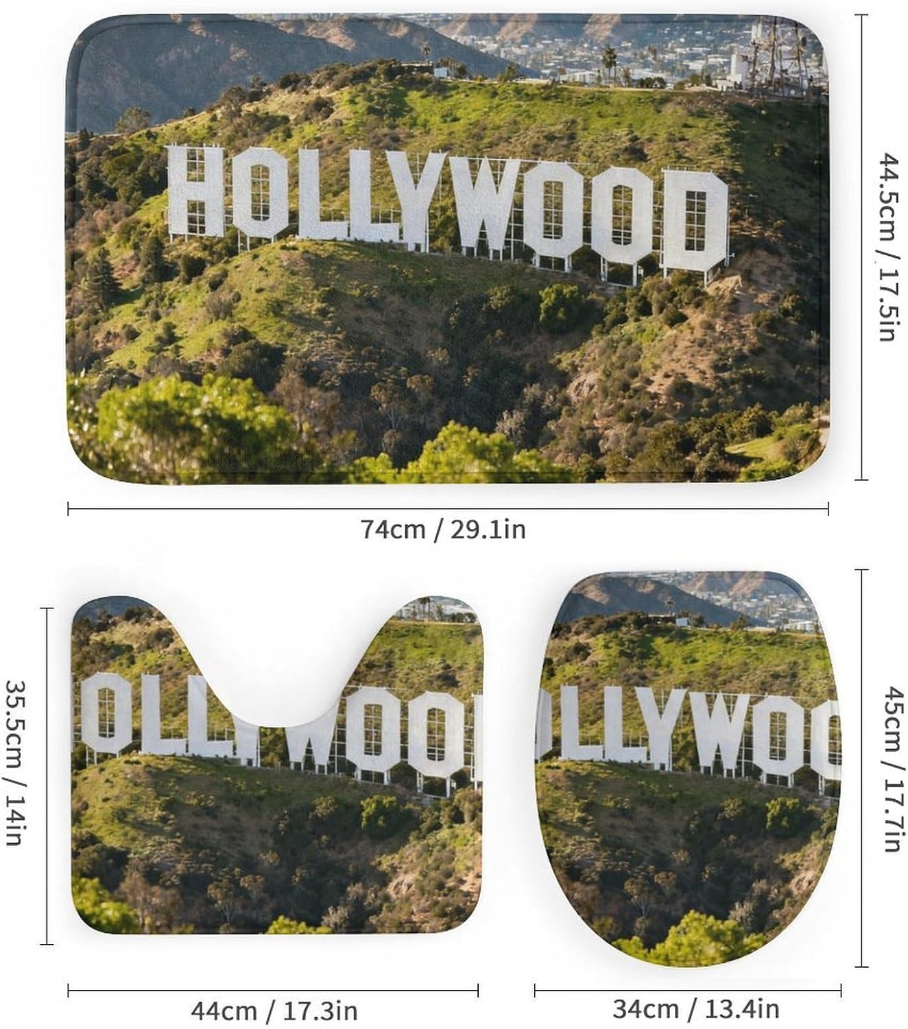 4 Piece Bathroom Rug Set with Shower Curtain, Non-Slip Bath Mat Toilet Cover Set, Hollywood Icon Bathroom Rug Sets