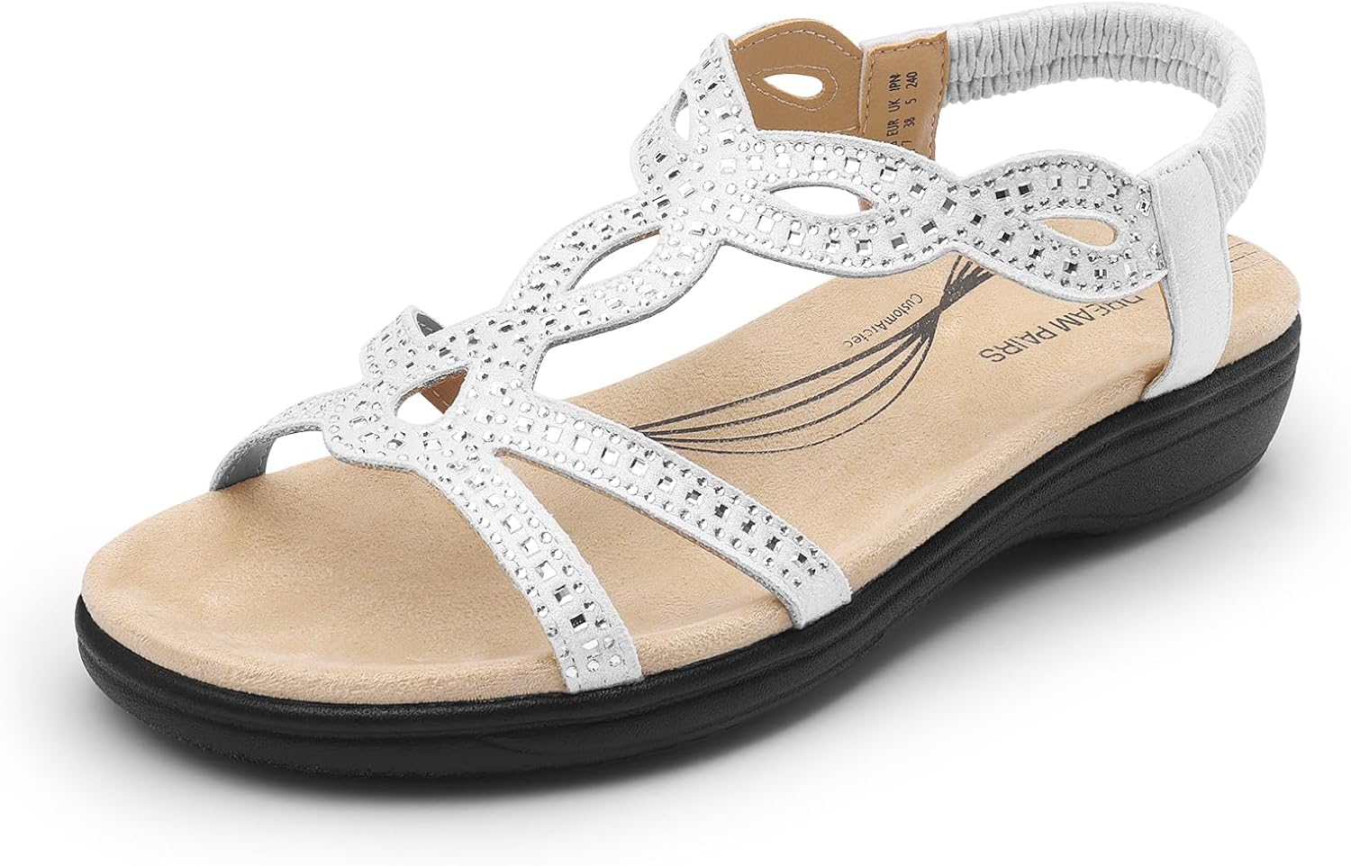 DREAM PAIRS Women's Comfort Dressy Rhinestone Summer Beach Sandals Slip-on Flat Walking Orthopedic Sandals with Elastica Back Strap