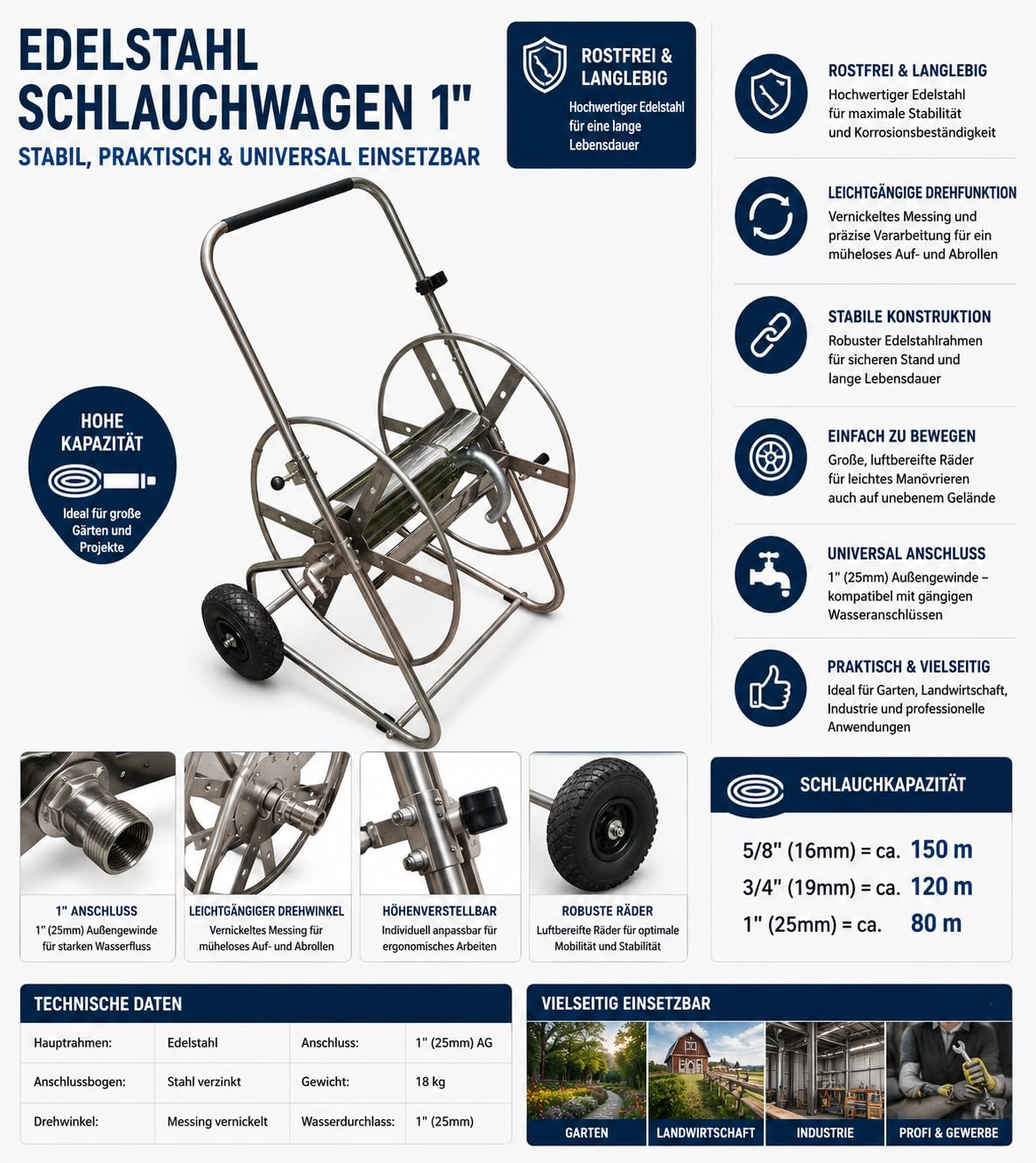 Sirocco Siro Edelstahl Schlauchwagen, 1" Anschluss, Gartenschlauchwagen, Edelstahl/verzinkter Stahl/vernickeltes Messing, 150m Schlauchkapazität, für Garten und Landwirtschaft