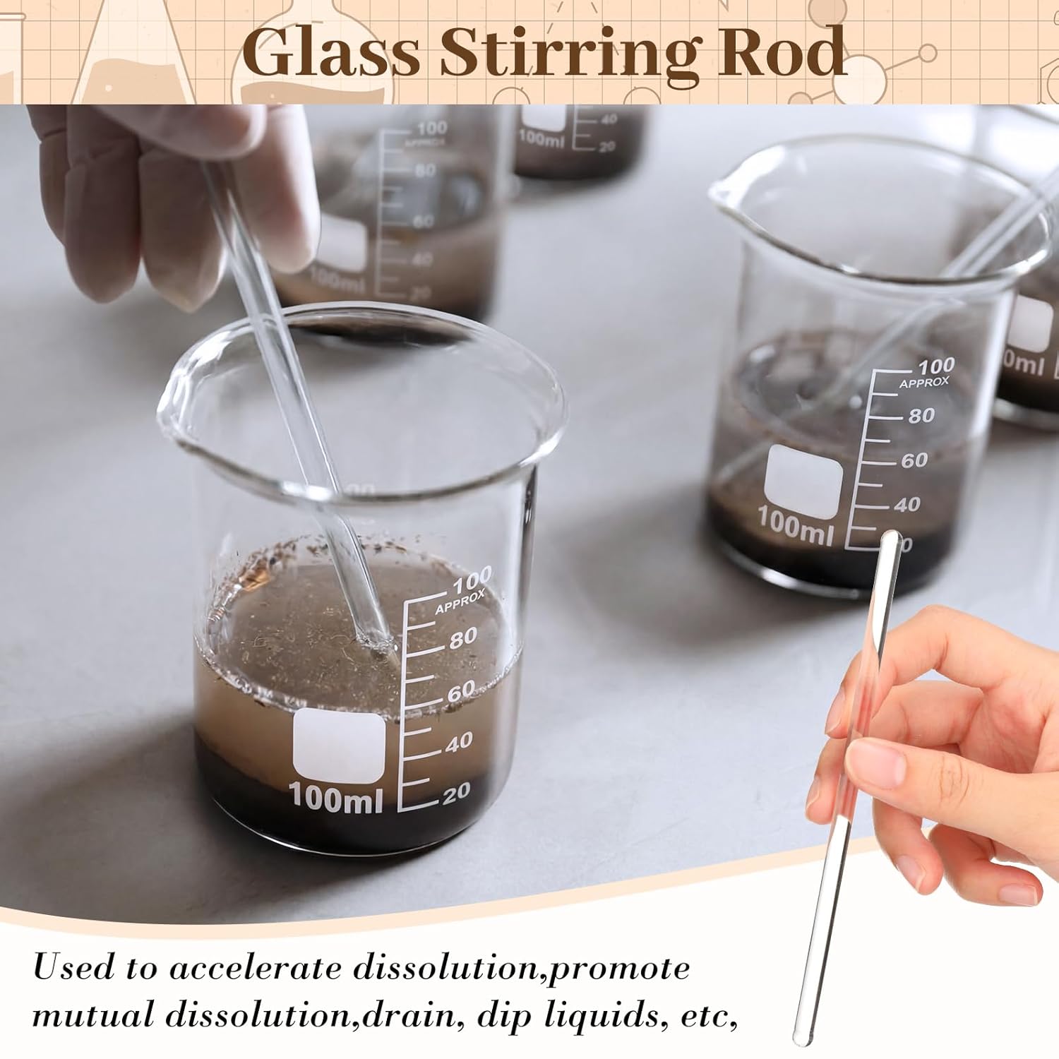Tallew 48 Pcs 100ml Glass Beaker Set Including 12 Pcs 3.3 Borosilicate Lab Beaker, 12 Glass Stirring Rods, 12 Plastic Funnel and 12 Dropper for Lab and Perfume Making