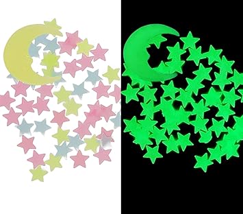 Stickonn Plastic Fluorescent Glow In The Dark Star Wall Sticker (Multicolour, 3x3 cm) - 50 Stars And 1 Moon