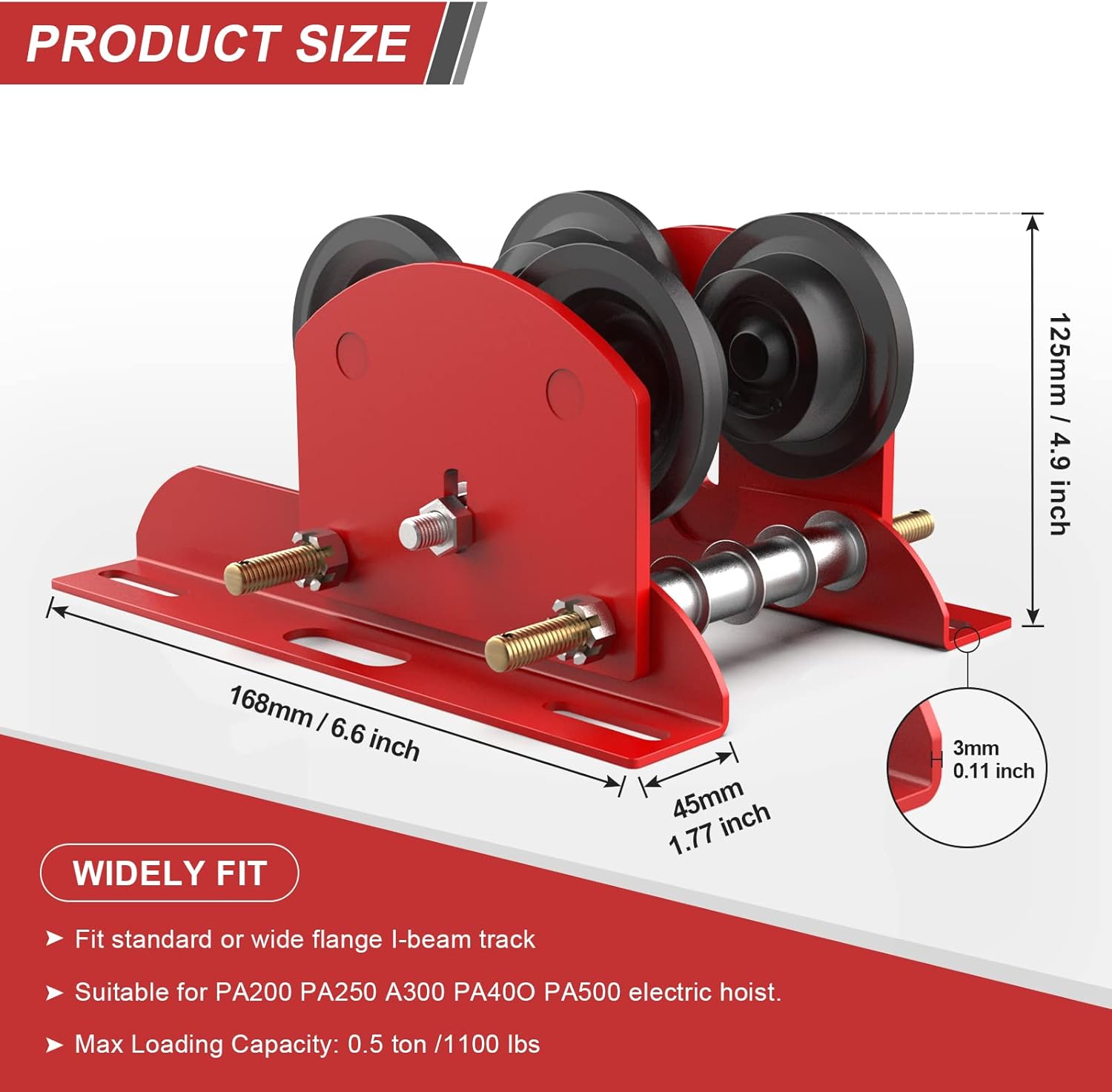 CPROSP 1/2 Ton Manual Trolley Electric Hoist 2.68-4.33 in, 0.5 Ton 1102LBS Push Beam Trolley Adjustable, Beam Trolley Heavy Duty Wheels Wheels