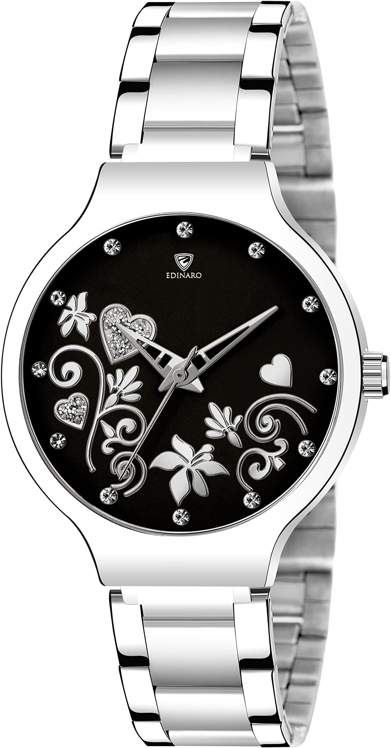 EDINARO Gorgeous Analogue Round Studded Dial Watches for Women and Ladies Watch with Stainless Steel Adjustable Bracelet Strap with Double Lock Clasp Watches for Girls