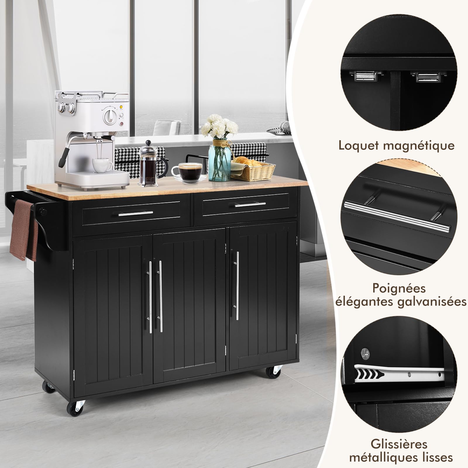 COSTWAY Desserte de Cuisine à roulettes, Chariot de Service Imperméable avec 2 Tiroirs, Étagères Réglables, Porte-Serviettes, Couteau, 3 Portes, Poignée Inoxydable, 46 x 122 x 93 cm, Noir